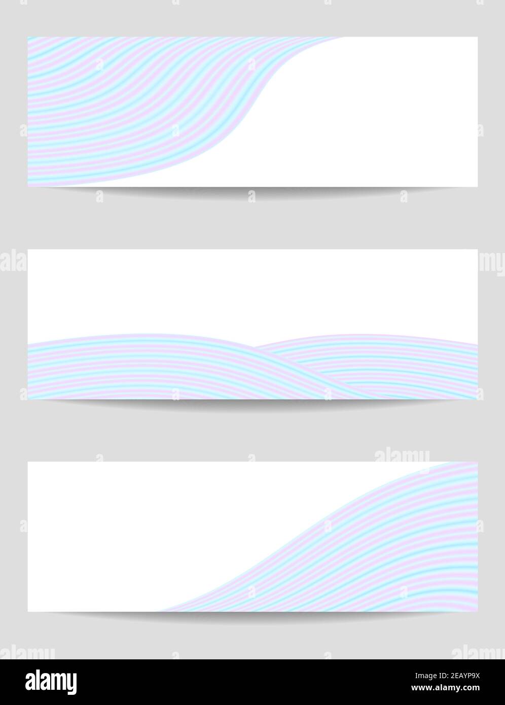 Set mit 3 Bannern in blau, pink. Vektorgrafiken verwischen Wellen, weißer Hintergrund. Pastellfarbene Wellenformen. Layouts für Flyer, Flyer, Gutschein, Website, Gutschein. EPS10 Stock Vektor