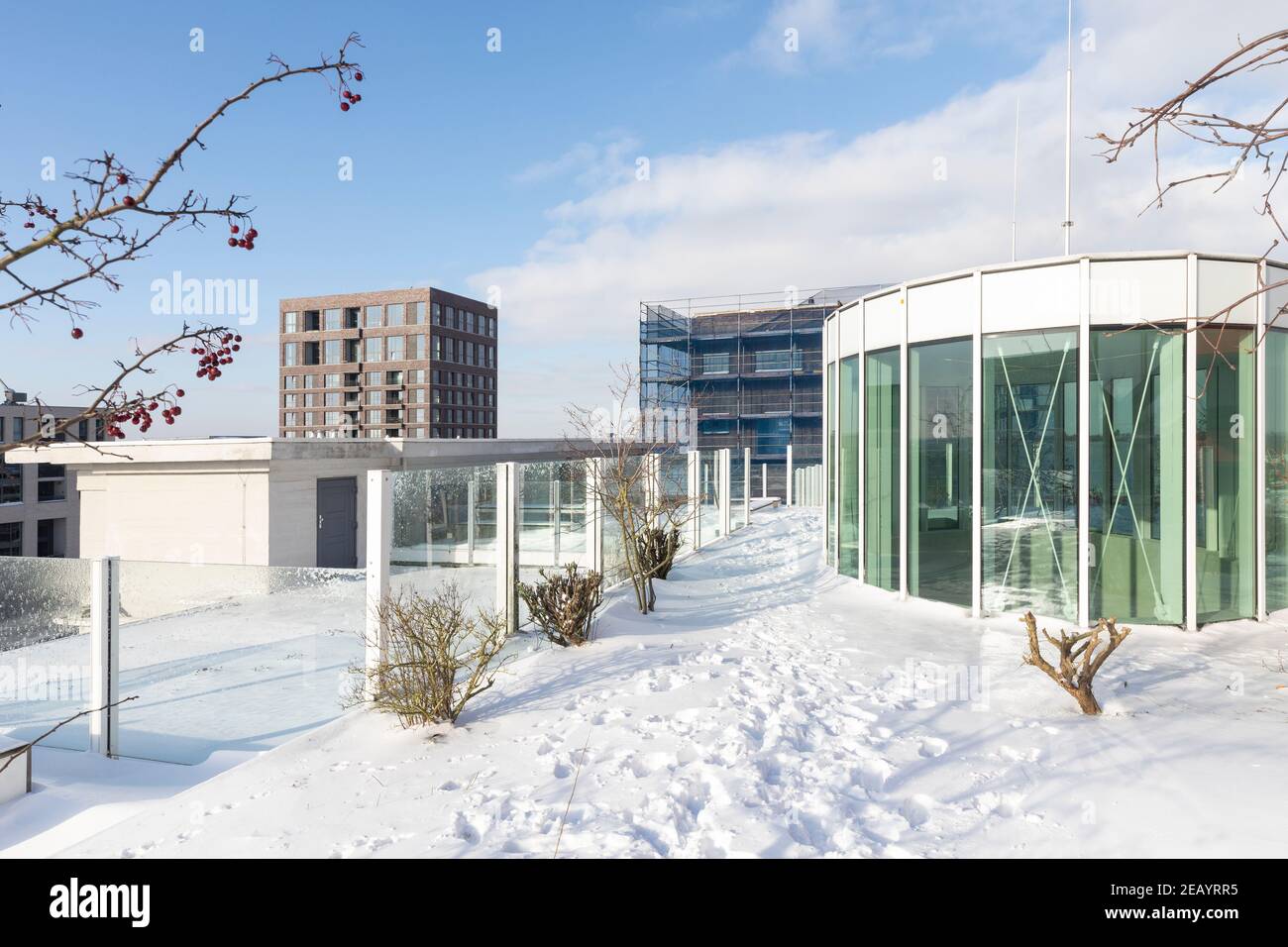 Eindhoven, Niederlande, 9th. Februar 2021. Strijp S Blick auf eine Dachterrasse, die mit weißem Schnee an einem eisig kalten sonnigen Tag und einem blauen s bedeckt ist Stockfoto