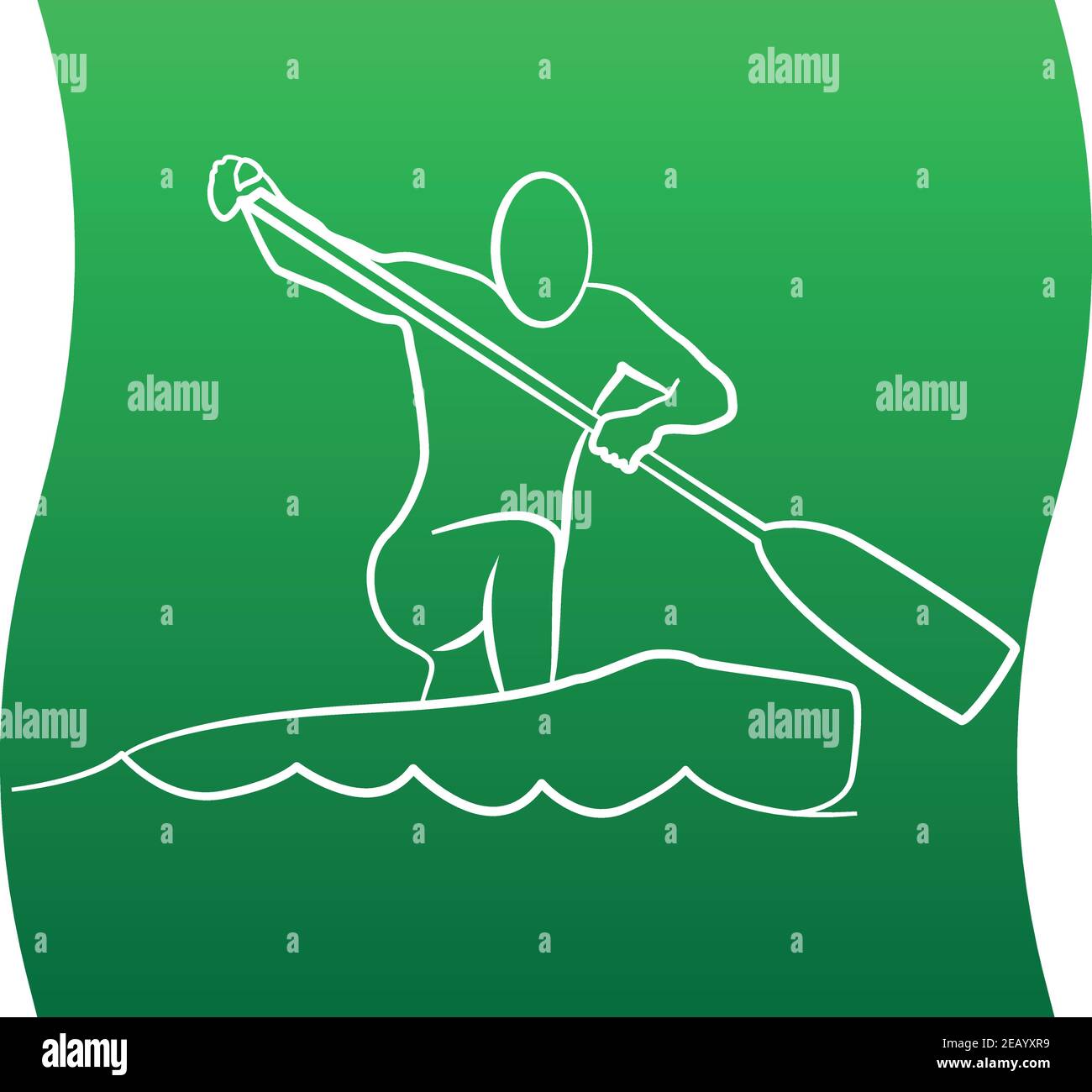 Kanu-Logo oder Kajak Sport Emblem - Mann Silhouette, die Rudern mit Rudern von Kanu und Fluss oder See Wellen Stock Vektor