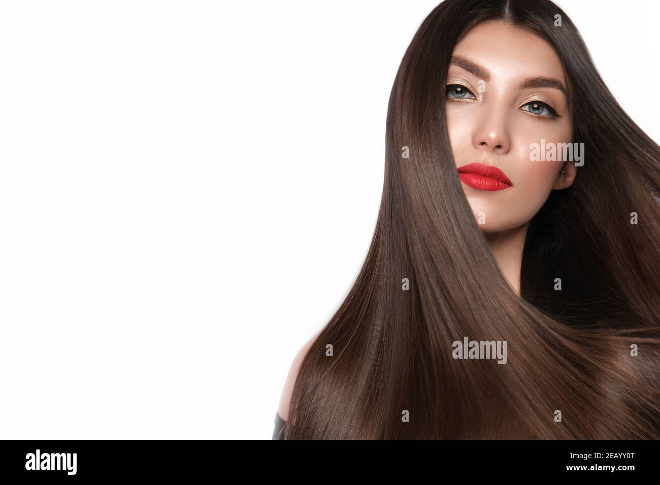 Schöne braunhaarige Mädchen mit einem perfekt glatten Haar und klassischen Make-up. Schönheit Gesicht und Haare. Stockfoto