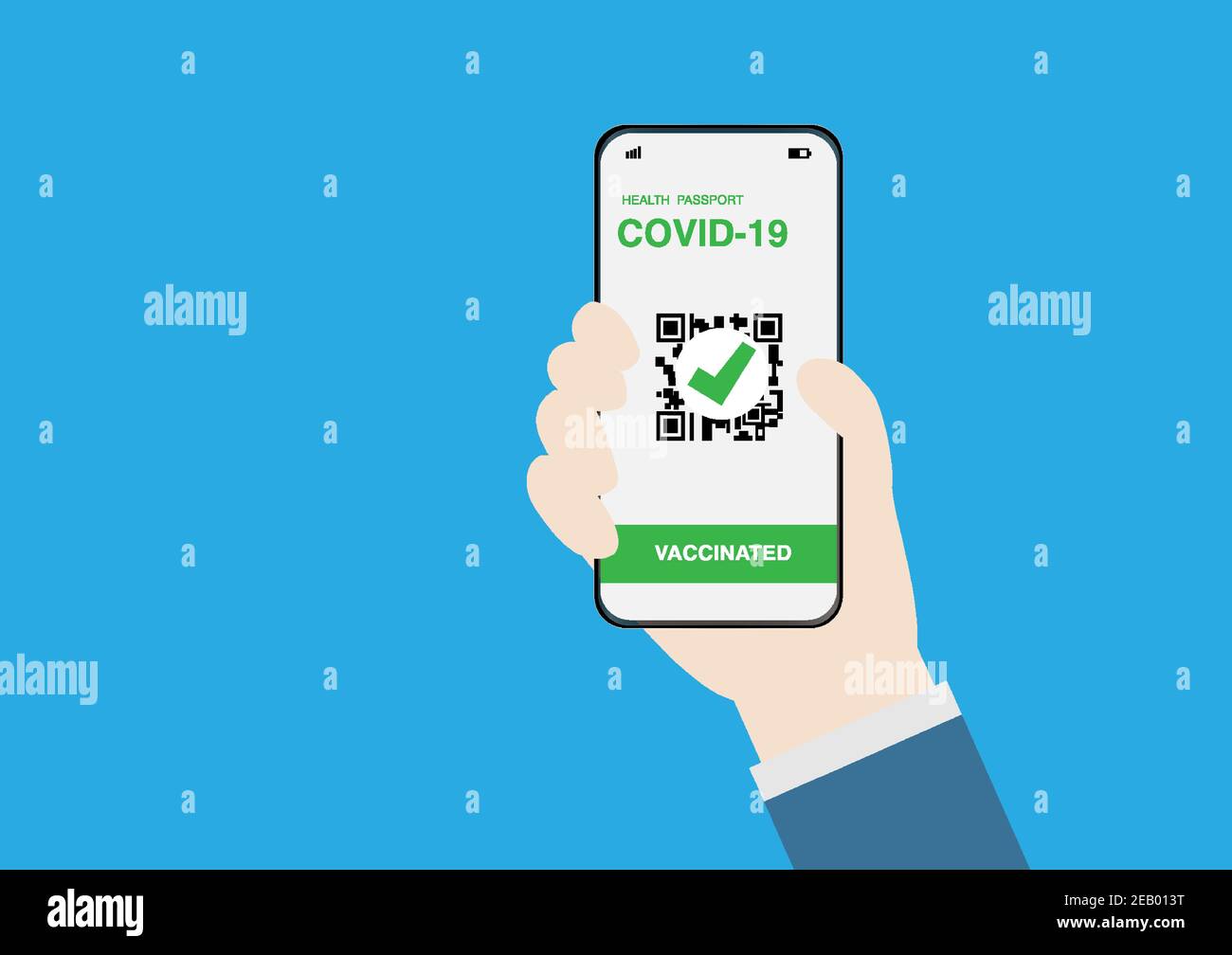 Hand hält Smartphone mit digitaler Illustration des Impfpass gegen covid-19. Reisekonzept in neuer Normalität. Vektorgrafik. Stock Vektor