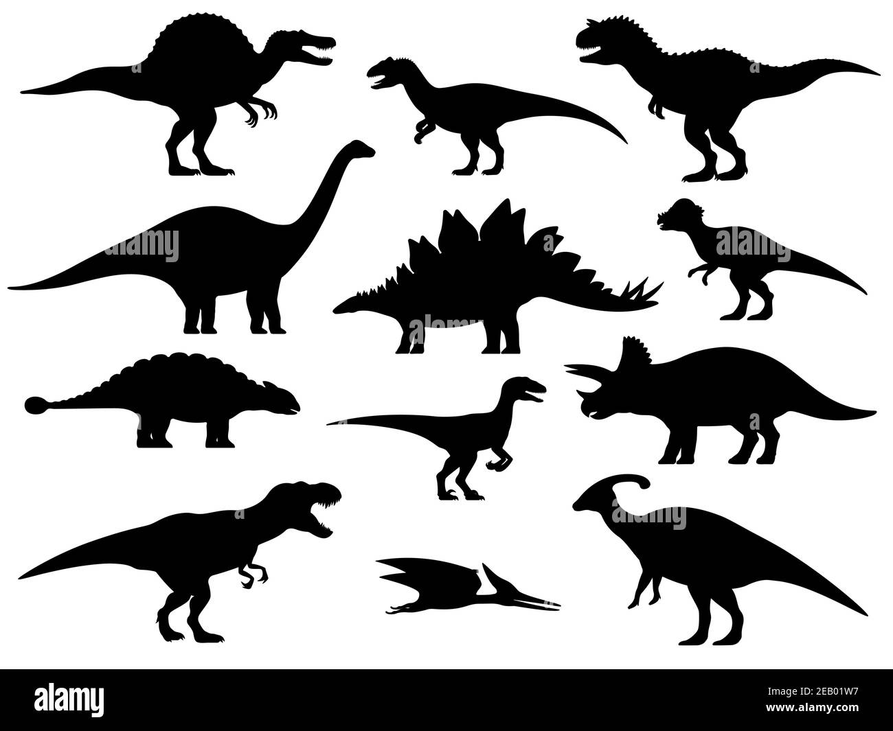 Setzen Sie Silhouetten von Dinosauriern. Vektor-Illustration Gruppe von schwarzen Dinosaurier Silhouette Symbole auf weiß isoliert. Logo Seitenansicht, Profil. Stock Vektor