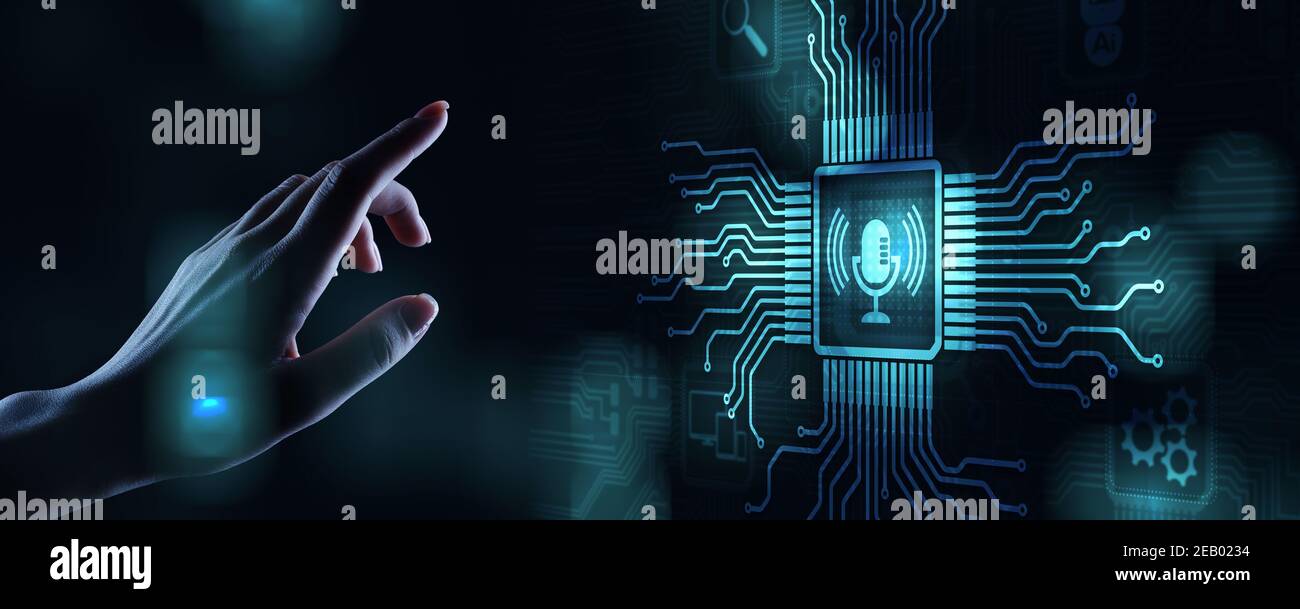 Spracherkennung suchen und das Mikrofon Symbol auf virtuellen Bildschirm Stockfoto