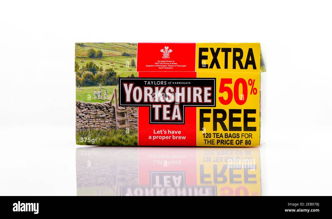 Yorkshire Teebeutel Box mit 50% extra kostenloses Angebot auf weißem Hintergrund mit Reflexion geschossen. Stockfoto