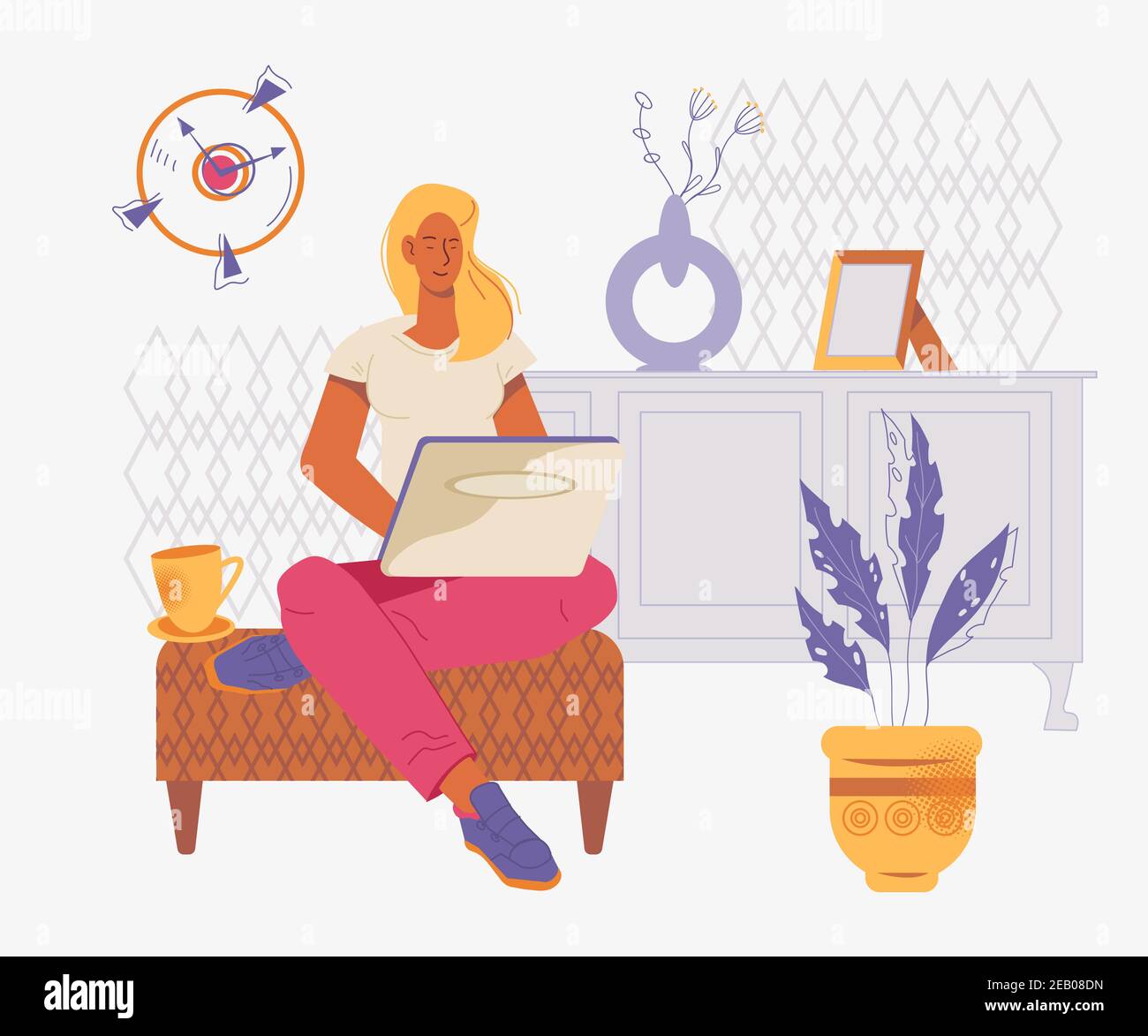 Junge selbstständige Frau, die von zu Hause aus am Laptop arbeitet, flache Vektorgrafik. Stock Vektor