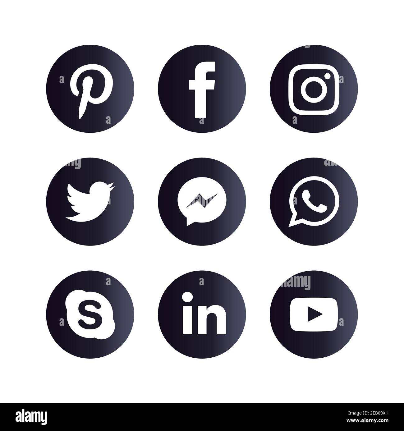 Satz von beliebten Social Media-Symbolen. Instagram, Facebook, Twitter, Youtube, WhatsApp, LinkedIn, Pinterest Skype und Messenger Icons. Stock Vektor