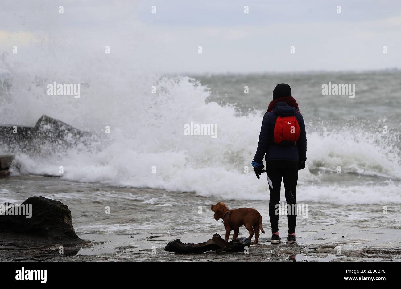 Eine Frau und ein Hund beobachten Wellen brechen in Seapoint in Dublin als Met Eireann haben zwei Wetterwarnungen, darunter starke bis orkane Kraft Südostwind in Verbindung mit Regen, Schnee und Schnee. Bilddatum: Donnerstag, 11. Februar 2021. Stockfoto