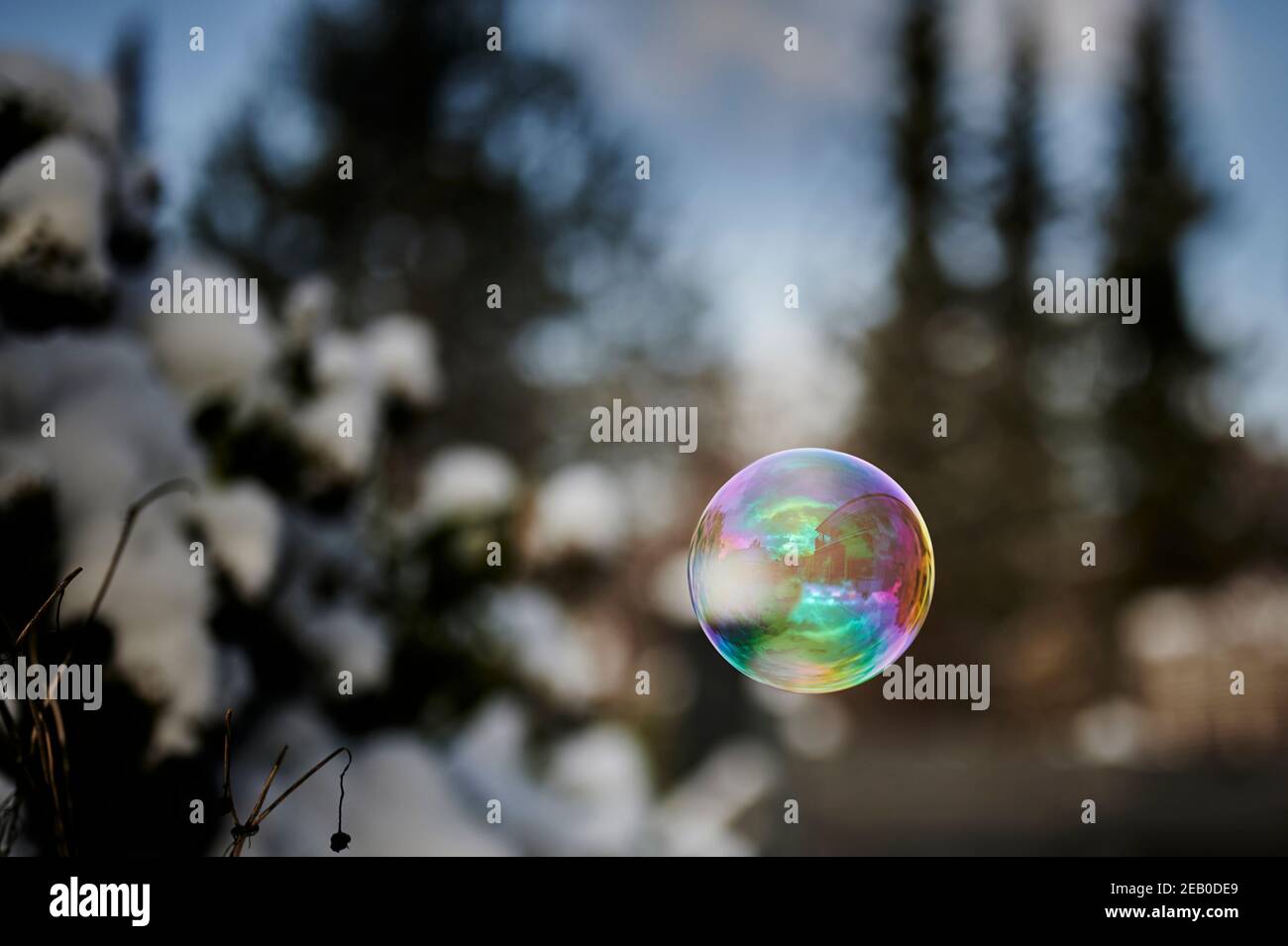 Blick auf eine bunte Seifenblase mit Spiegelungen vor einer Winterlandschaft. Stockfoto