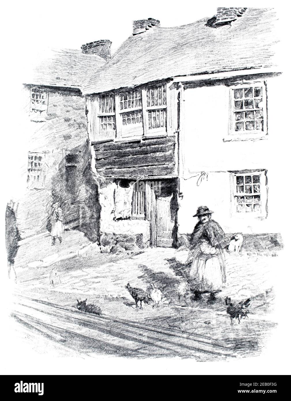 Bleistiftskizze der Frau, die Hühner in der engen Straße von St Ives Cornwall 1890s füttert, von Robert Morton Nance 1898 The Studio an Illustrated Magazine Stockfoto