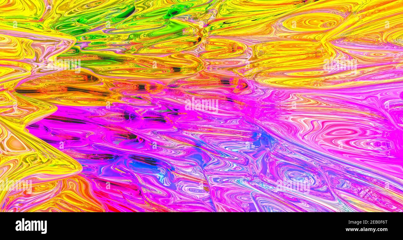 Abstrakte Zusammensetzung von Öl flüssige Kunst Mischung blau, rot, orange, grün und lila Farben bilden Wellen. 3D Abbildung Stockfoto