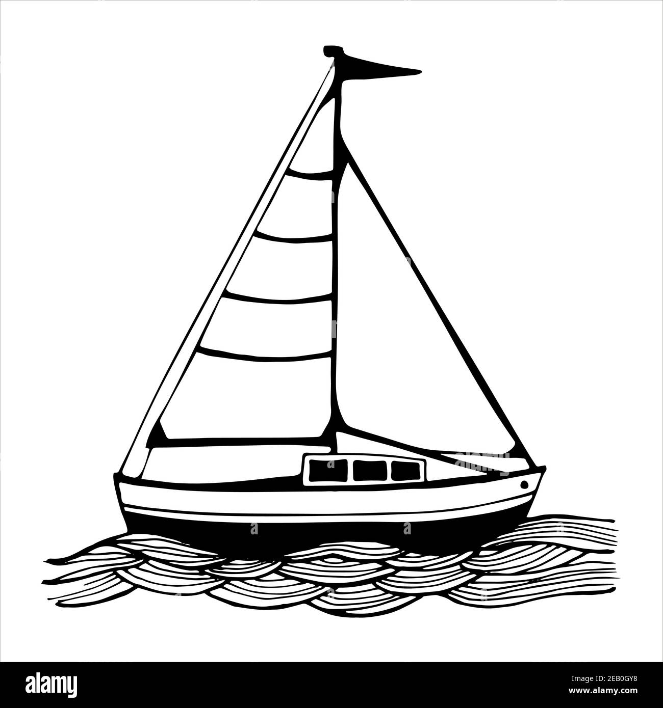 Yacht mit weißen Segeln im Meer, handgezeichnete Vektor-Illustration Stock Vektor