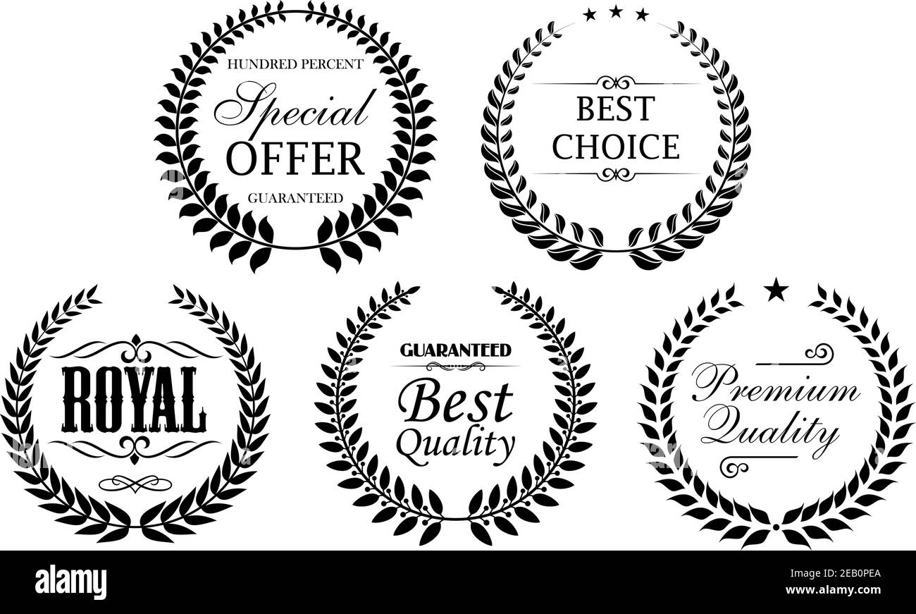 Set von Produkt oder Firma Promotion Label Icons in schwarzer Farbe mit Lorbeerkränze, Sterne und Text Royal, Beste Wahl, Premium-Qualität, Sonderangebot Stock Vektor