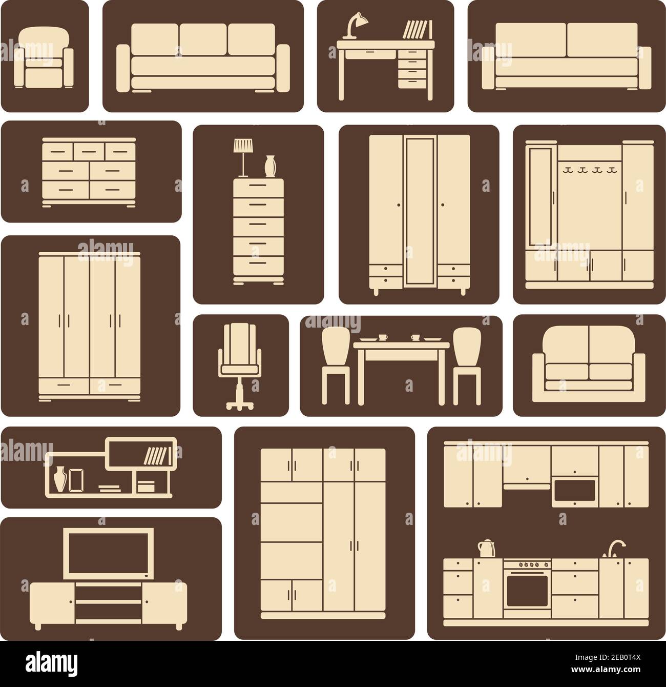 Kollektion von modernen beigen Möbeln und Interieur-Elemente Ikonen in flachem Design für Wohnzimmer, Küche, Esszimmer und Lounge auf braunem Hintergrund für Stock Vektor