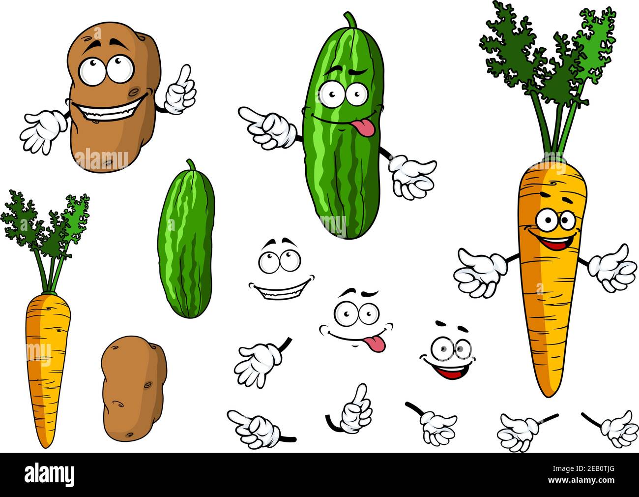 Lustige bunte Cartoon Gurke, Karotte und Kartoffel mit verschiedenen Mimik und Handgesten und zweite getrennte Variante von Gesichtern und Gemüse Stock Vektor