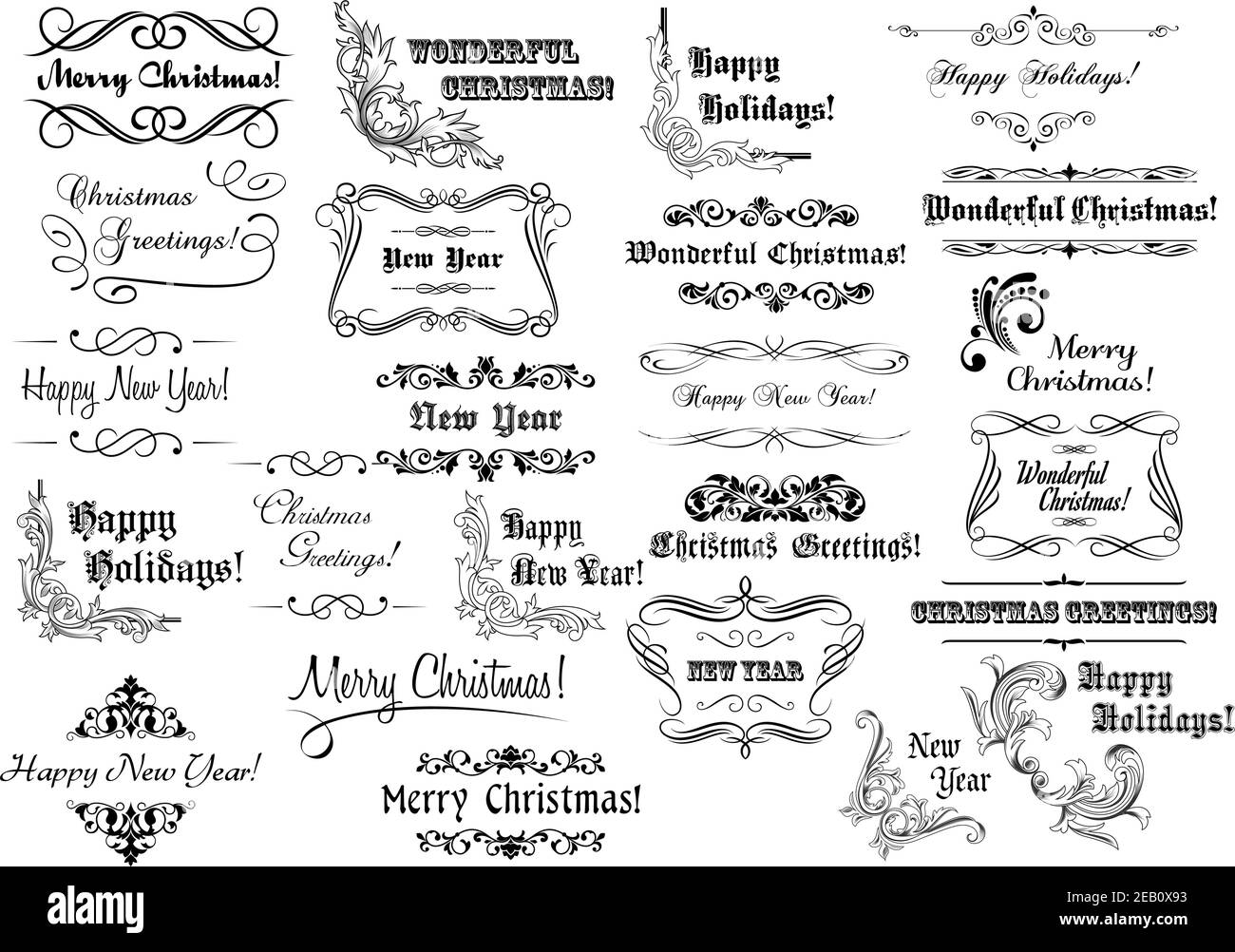 Große Sammlung von Weihnachten und Neujahr kalligraphischen Design-Elemente Und Seite Dekorationen mit Glückwünschen und kunstvoll floralen Bordüren und Ecke Stock Vektor