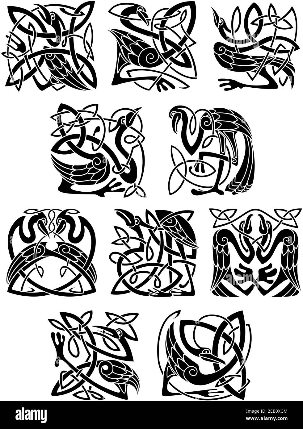 Reiher, Storch- und Kranichvögel in keltischen Mustern, Ornamenten und Dekorationen Stock Vektor