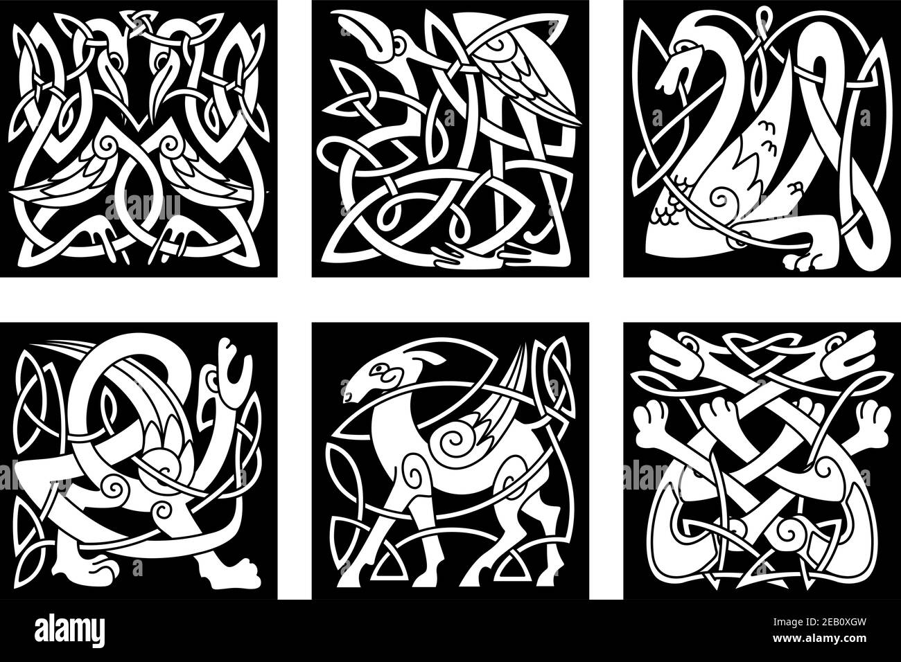 Mythische keltische Tiere Reiher, Drache, Wölfe, Hirsche, gryphon, Störche auf schwarzem Hintergrund für Tattoo, Maskottchen oder Totem-Design Stock Vektor