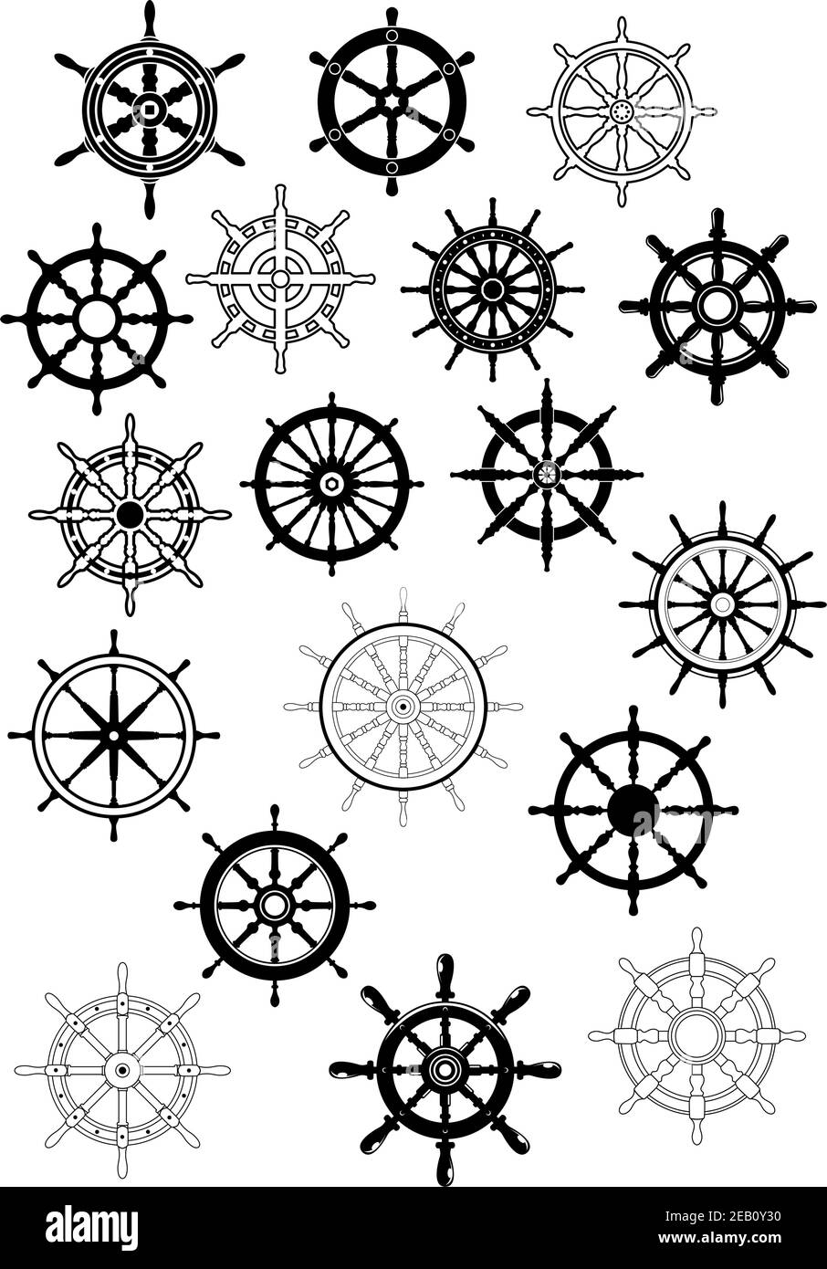 Retro-Schiffsrad Symbol in schwarzer Farbe und Umriss gesetzt Stil für nautische Maskottchen oder Logo-Design Stock Vektor