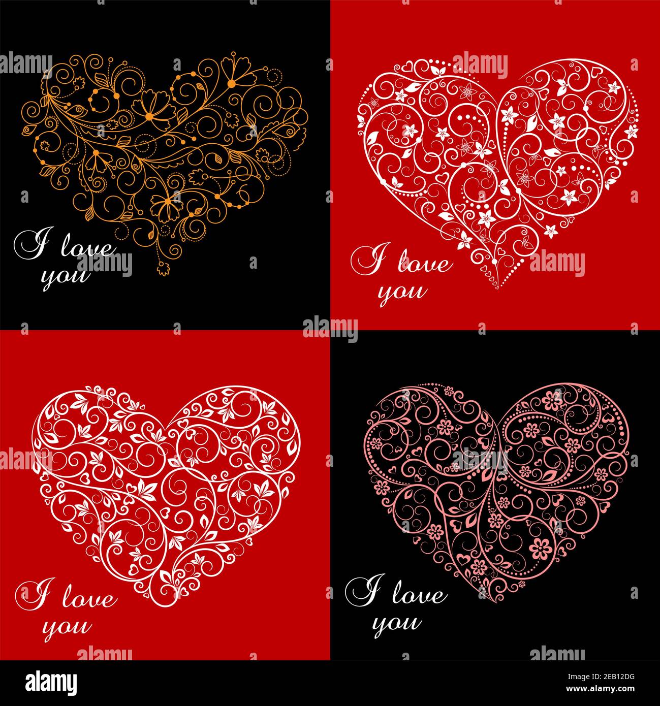Valentinstag Grußkarten mit floralen Herzformen und Text Ich liebe dich Stock Vektor