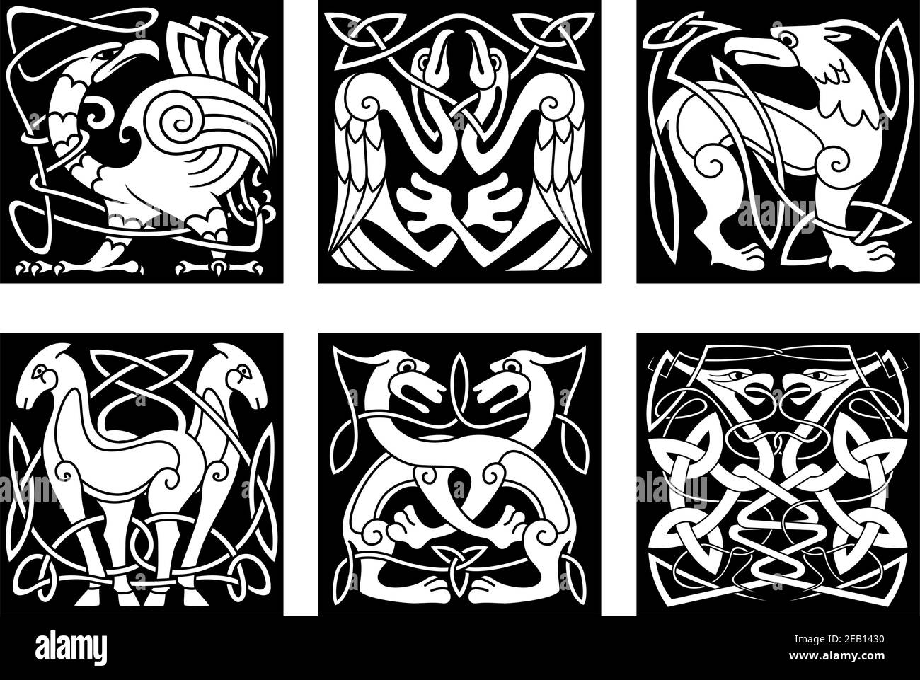 Keltische Tiere und Vögel mit traditionellem irischen Ornament auf schwarz Hintergrund für Tattoo oder heraldry Design Stock Vektor