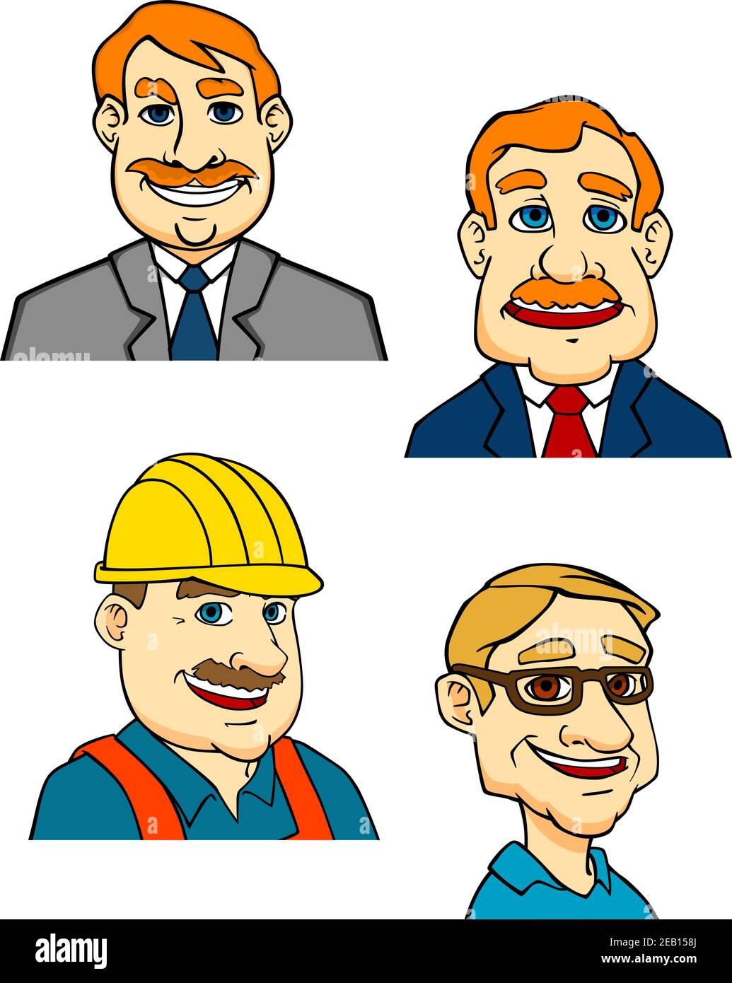 Cartoon-Porträts von Männern mit verschiedenen Berufen Geschäftsleute in Anzügen, Baumeister in Helm und Arzt in medizinischen Uniform Stock Vektor