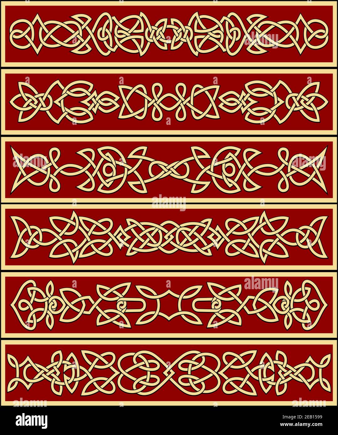 Gelbe keltische traditionelle florale Ornamente auf rotem Hintergrund im Rahmen Geeignet für ethnische Dekoration oder historische Konzeptgestaltung Stock Vektor