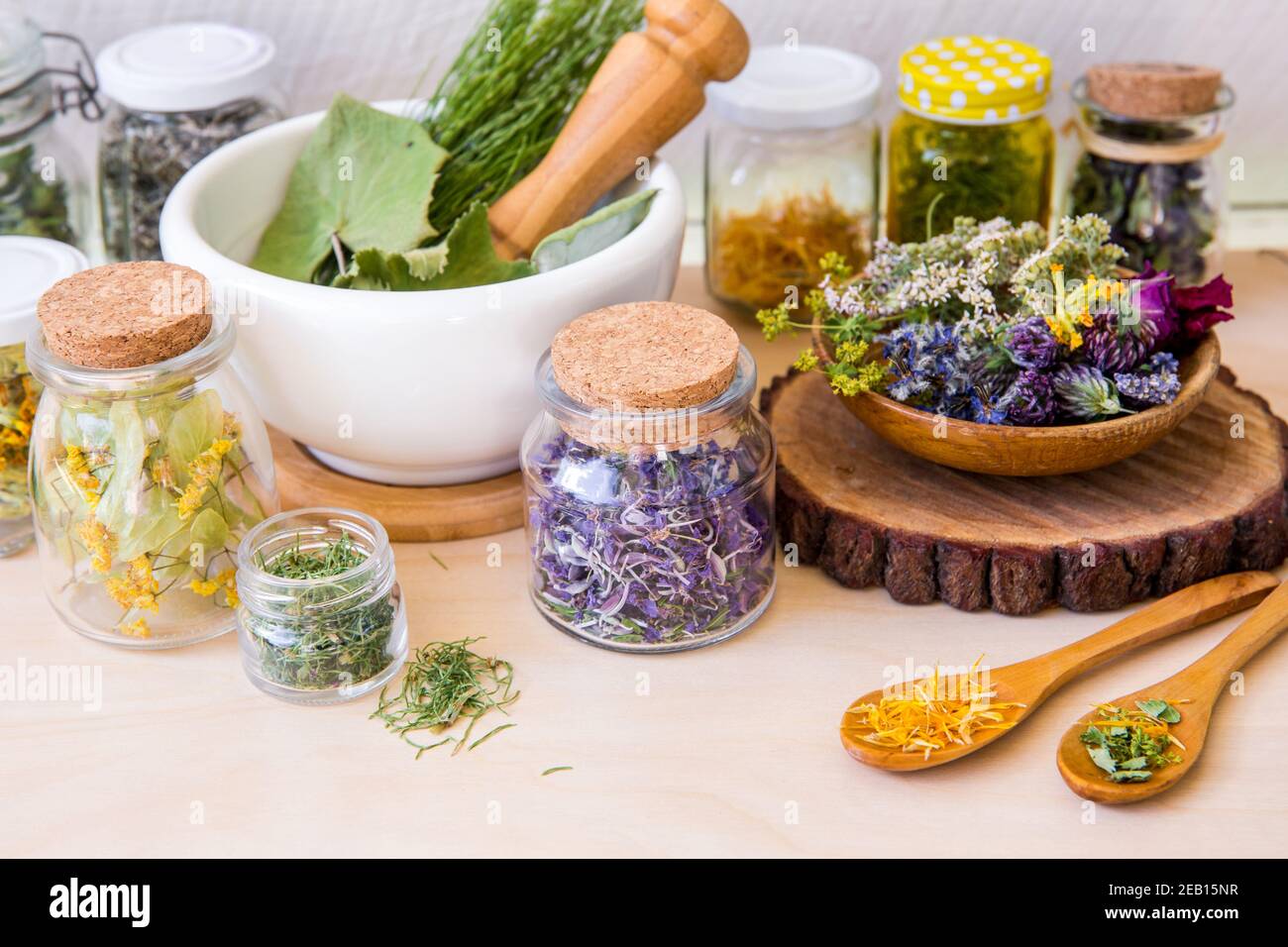 Startseite pflanzliche Apotheke Konzept. Viele verschiedene trockene pflanzliche Heilmittel Pflanzen ( Chamaenerion angustifolium, Achillea millefolium, Tilia platyphyllos. Stockfoto
