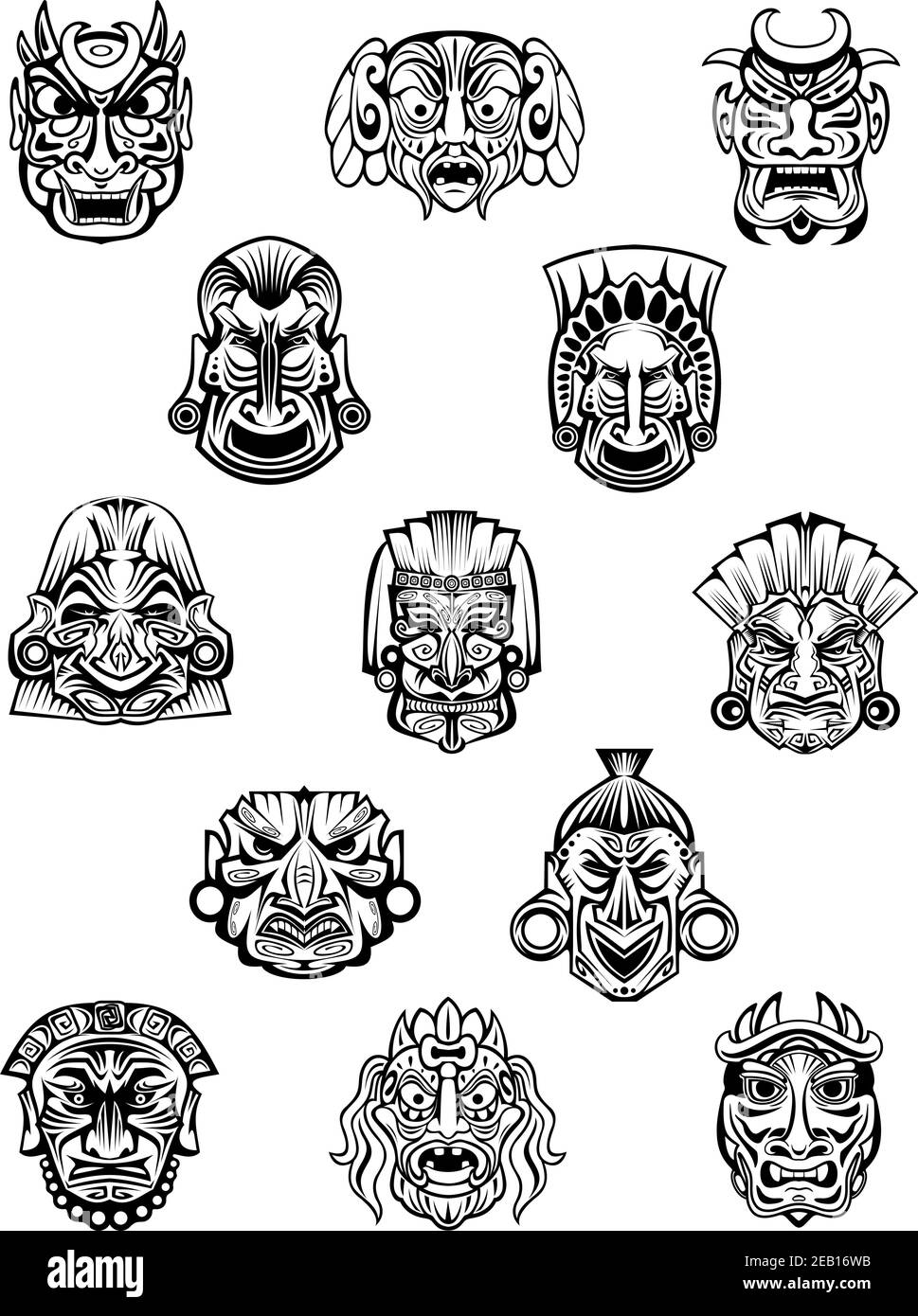 Rituelle zeremonielle geschnitzte Masken im traditionellen afrikanischen Stammesstil mit Verschiedene Emotionsausdrücke für Avatare oder historische Konzeptgestaltung Stock Vektor