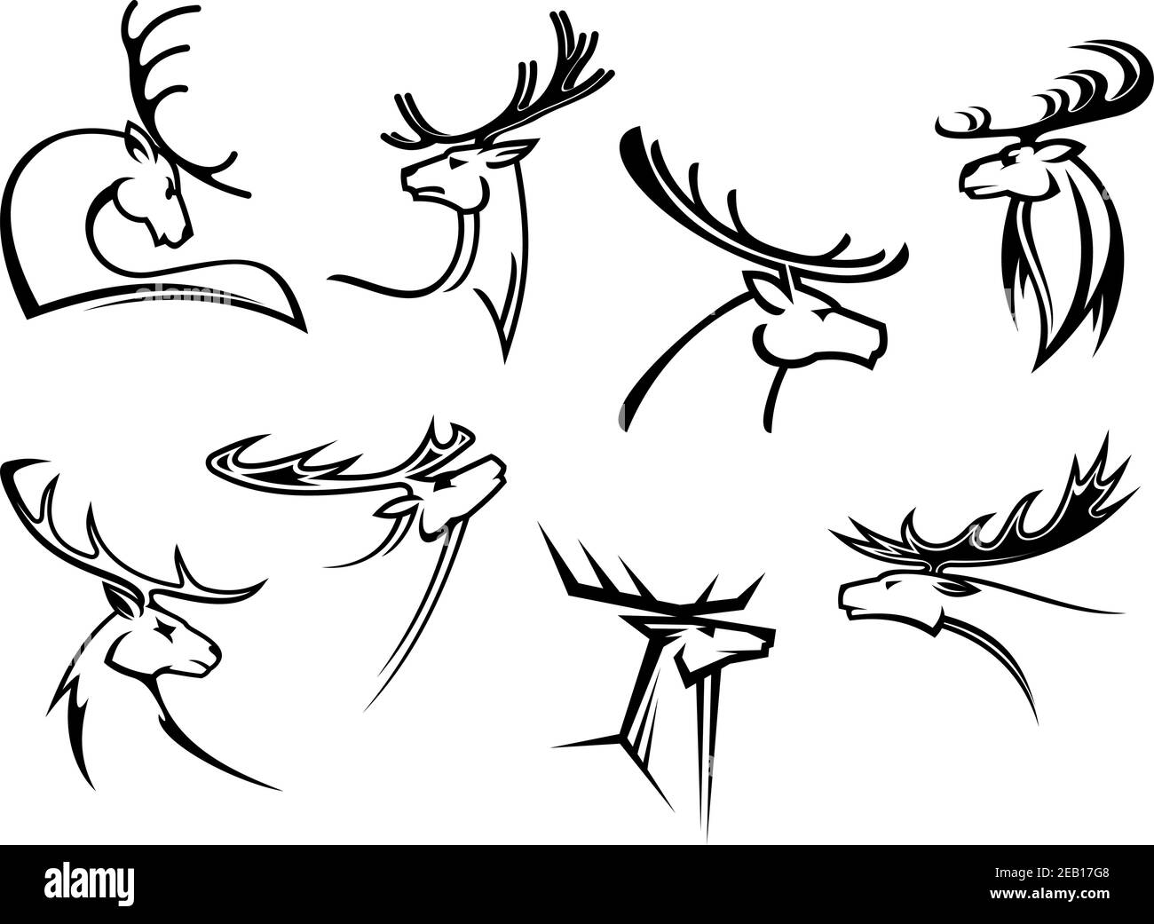 Skizzieren Sie Hirschköpfe mit stolzem Profil und großem Geweih Isoliert auf weiß für Tattoo oder Maskottchen Design Stock Vektor