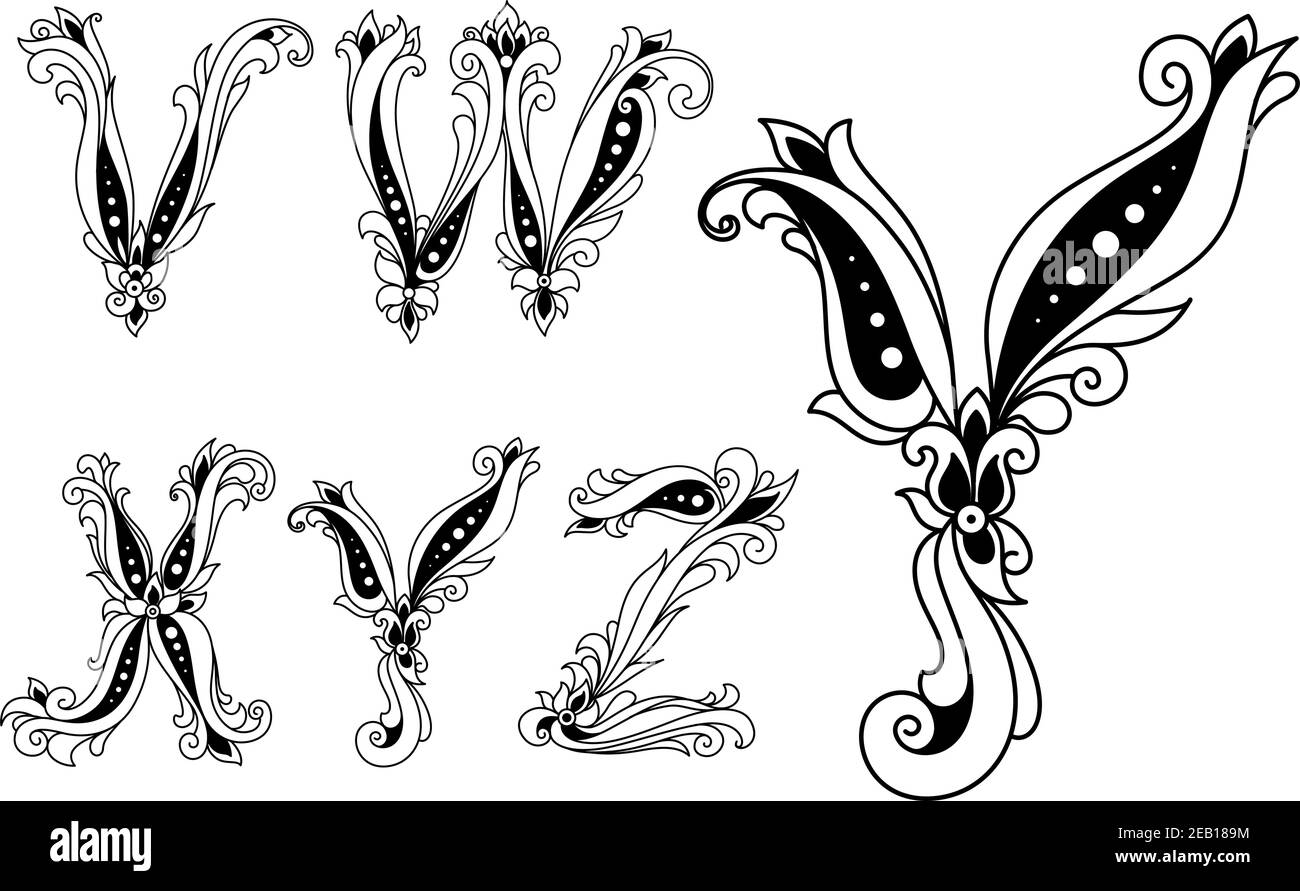 Schwarz-weiß floral bildende Großbuchstaben V, W, X, Y und Z auf weißem Hintergrund Stock Vektor