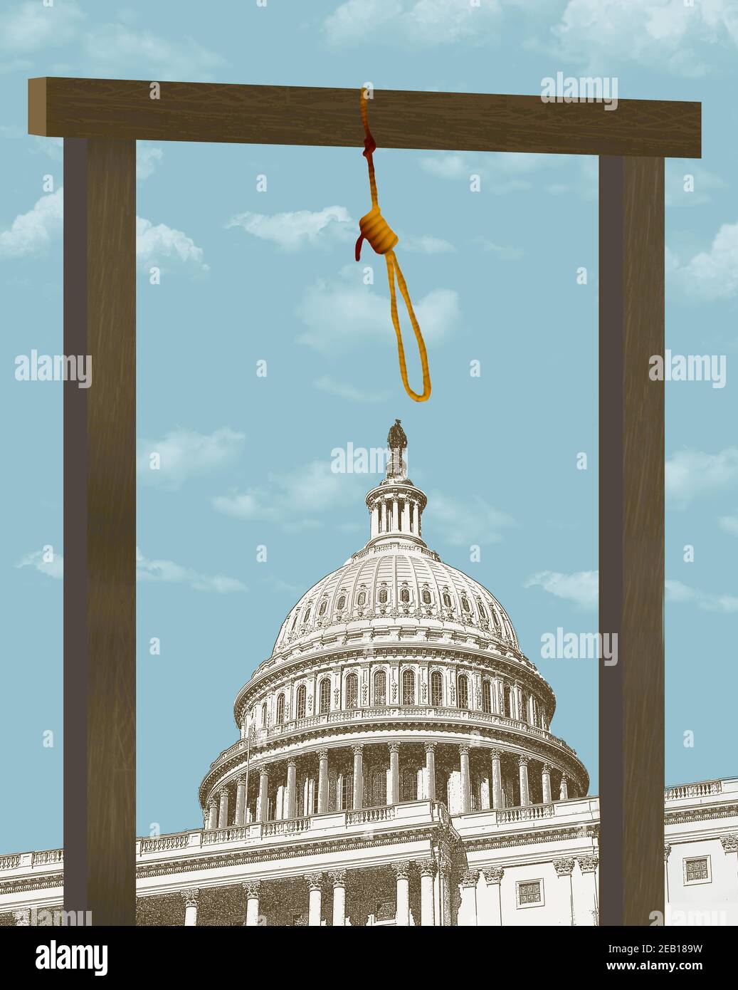 Ein Galgen und eine Schlinge sind in dieser 3-d-Illustration vor dem US-Kapitolgebäude zu sehen. Dies stellt eine Szene aus dem Aufstand am 6. Januar 2021 dar Stockfoto