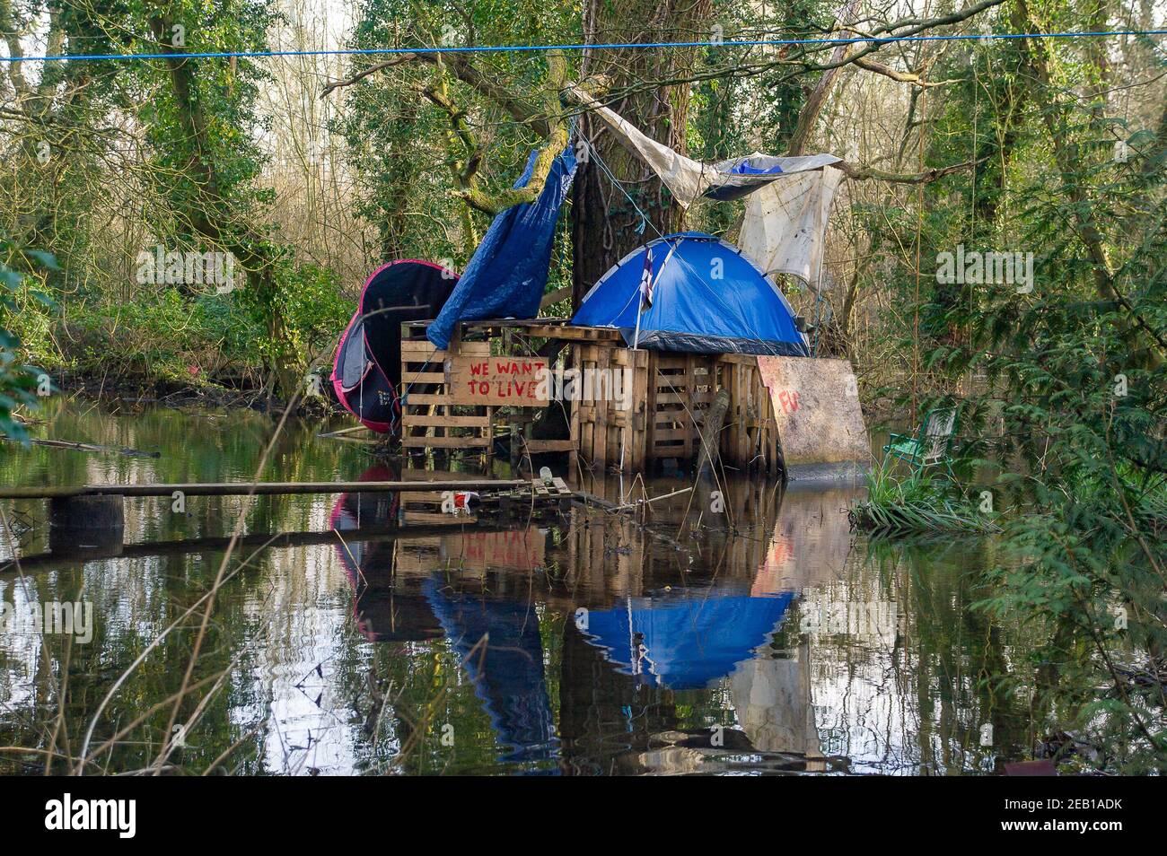 Denham, Buckinghamshire, Großbritannien. 11th. Februar 2021. Hochwasser und Schnee sitzen im protestantischen Oak Camp. HS2 Plan zur Zerstörung dieser Natur reichen Wald. Trotz des jüngsten Schnees, der Temperaturen unter dem Gefrierpunkt und der Überschwemmungen leben leidenschaftliche Anti-HS2-Aktivisten im Wald des Denham Country Parks, um zu verhindern, dass HS2 weitere der schönen Wälder zerstören. Die umstrittene Hochgeschwindigkeitsbahn HS2 von London nach Birmingham zieht eine hässliche Narbe durch die Landschaft in Buckinghamshire und gefährdet 108 uralte Waldgebiete, 693 Wildtiere und 33 SSSIs. Quelle: Maureen McLean/Alamy Live News Stockfoto