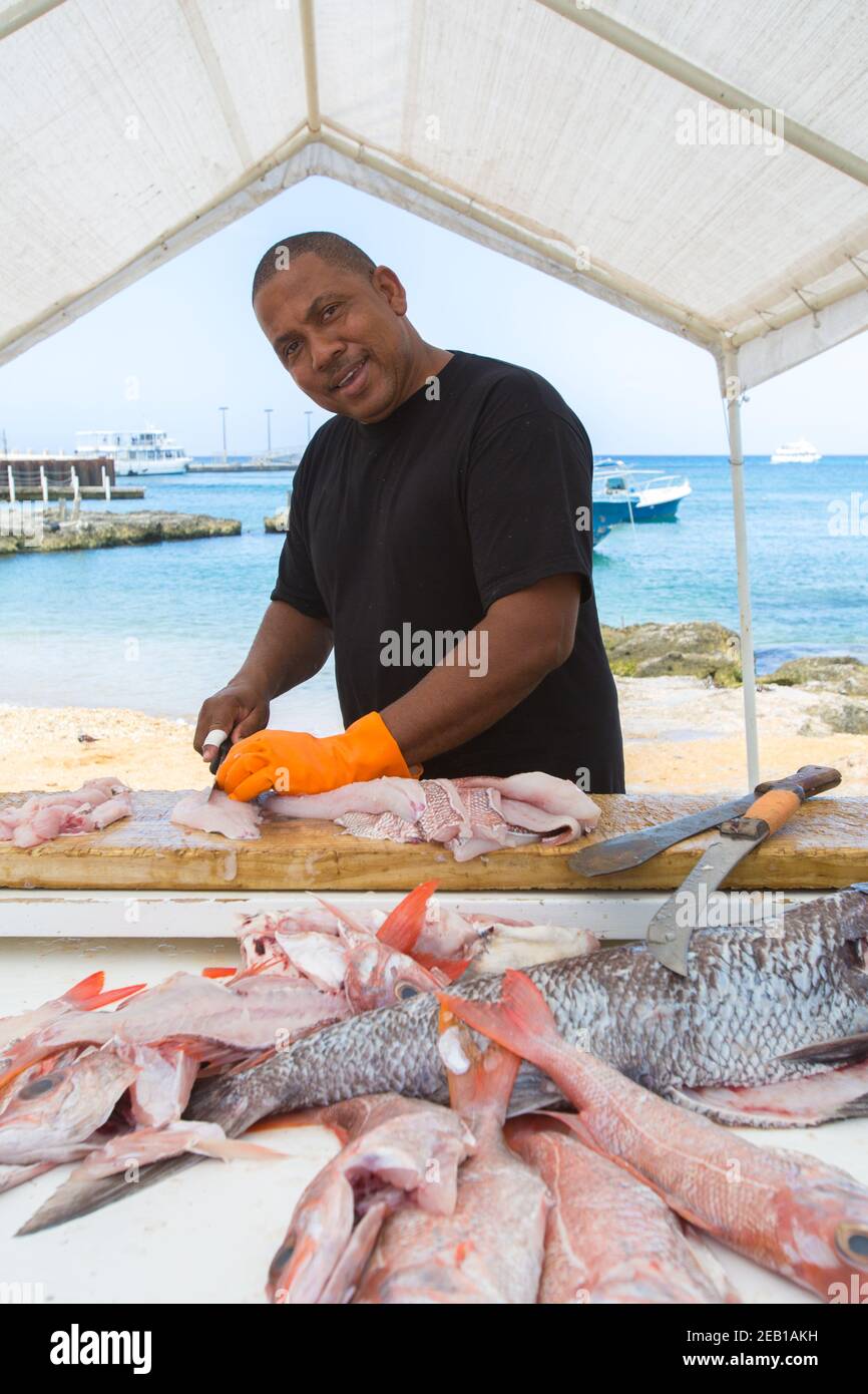 Mann, der Fisch auf dem Fischmarkt verkauft, Kreuzfahrtschiff & Blue Caribbean Sea George Town, Cayman Islands. Red & White Snapper, Street Market, Kreuzfahrtschiff. Stockfoto