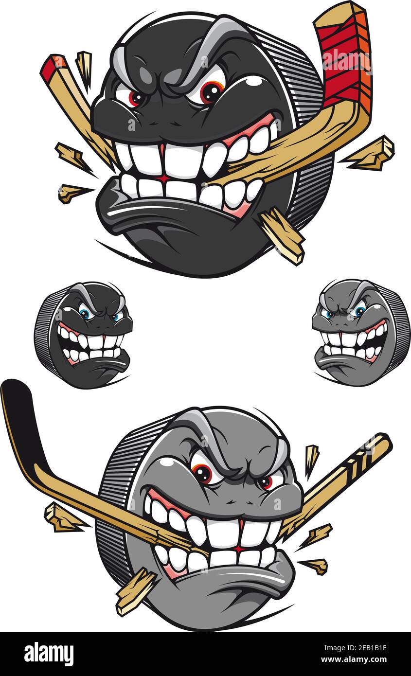 Wütend böse Hockey Puck schürfen einen Eishockey-Stick mit einem toothy leer, zwei Farbvarianten und zwei mit Gesichtern und kein Stick Stock Vektor