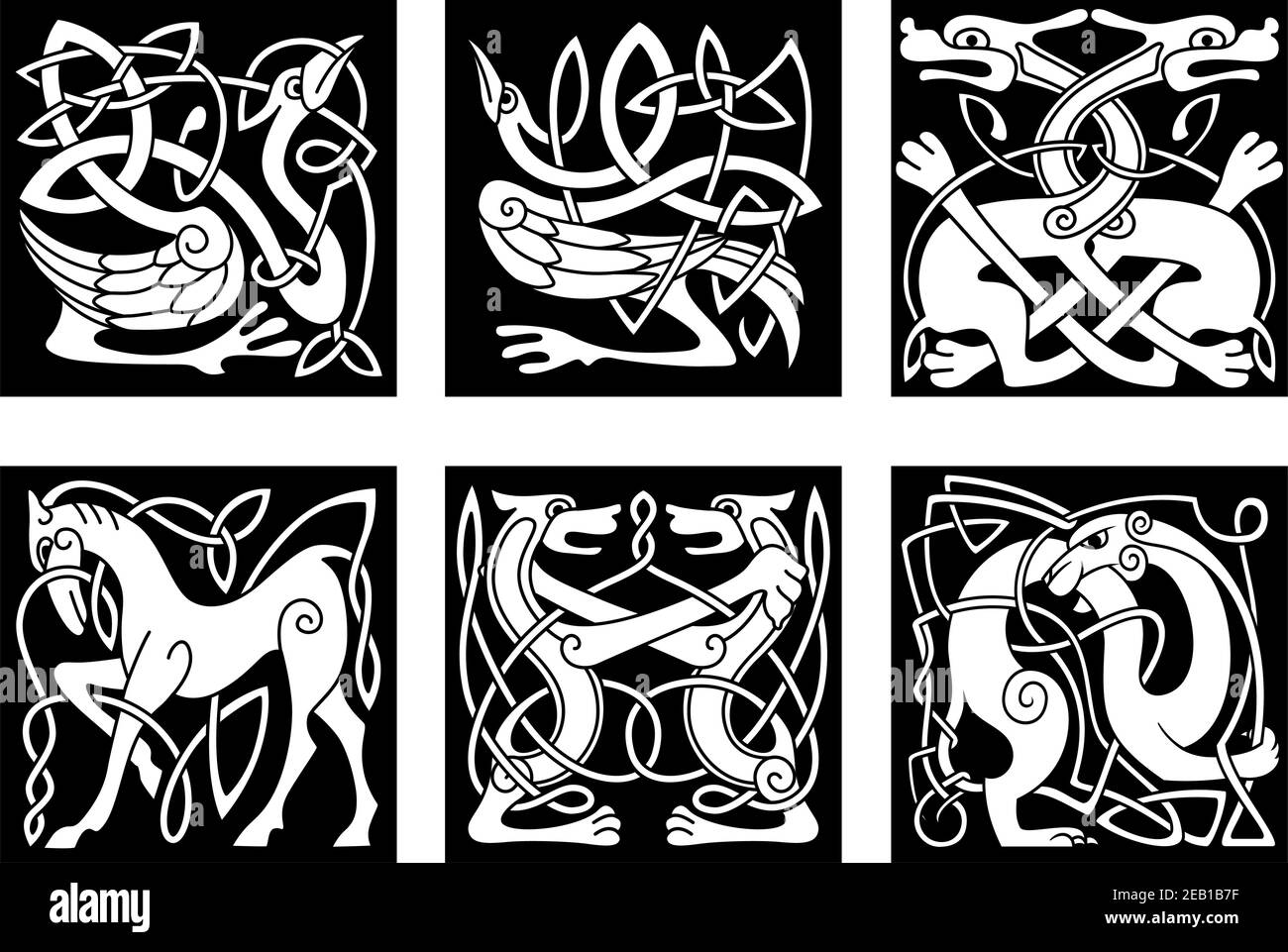 Abstrakte weiße Tierornamente im keltischen Stil mit Stammesmuster Auf schwarzem Hintergrund für Tattoo oder Kulturdesign Stock Vektor