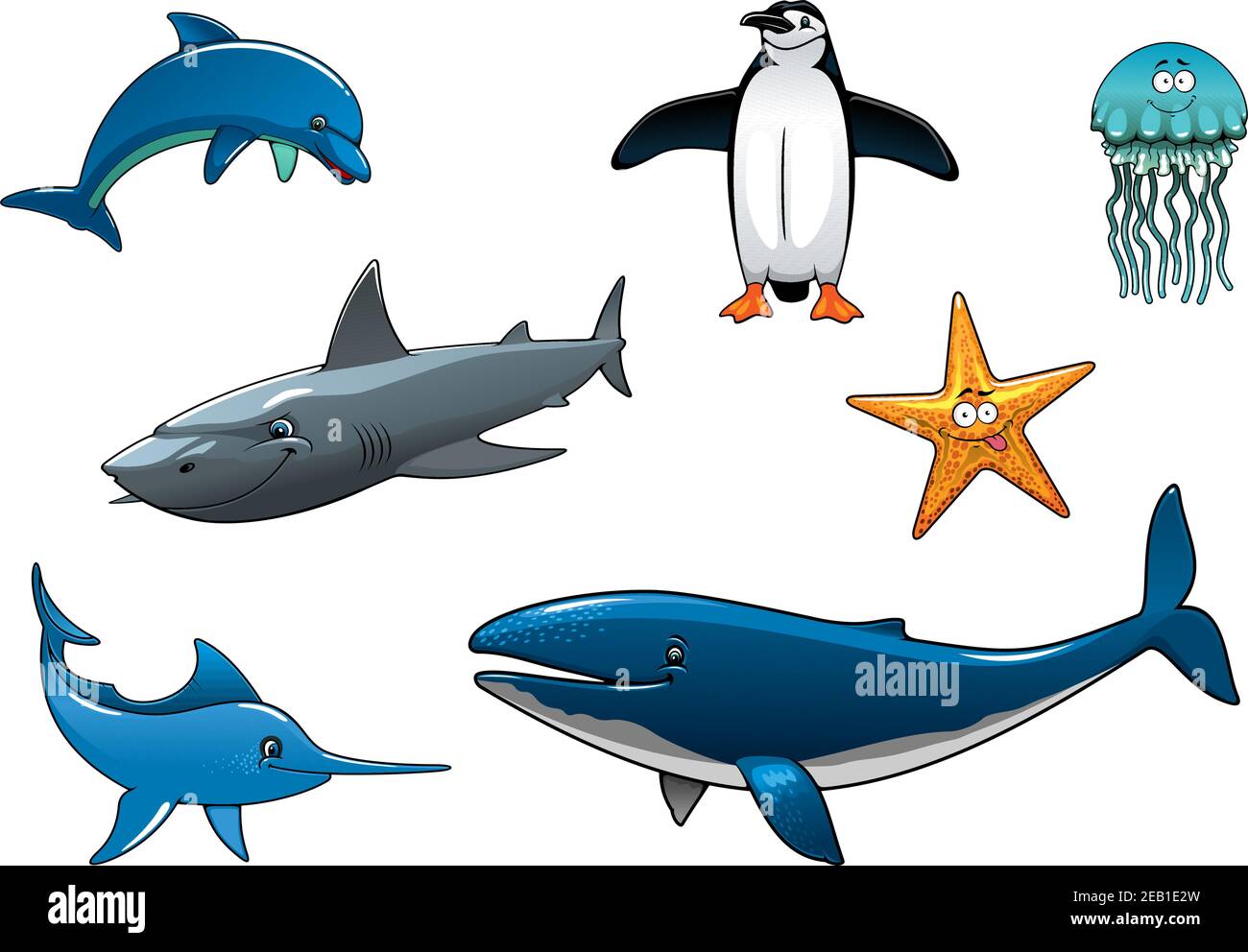 Marine Tierwelt farbige Tierfiguren in Vektor Darstellung eines Delphins, Pinguin, Hai, Marlin, Wal, Quallen und Seesterne Stock Vektor