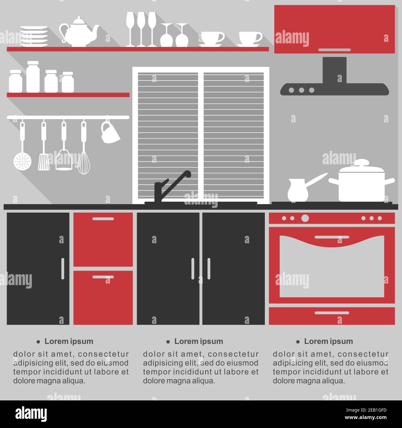 Flache Infografik-Vorlage für eine Küche Innenarchitektur mit einer stilvollen roten, grauen und schwarzen Küche mit Einbauschränken und Geräten Stock Vektor