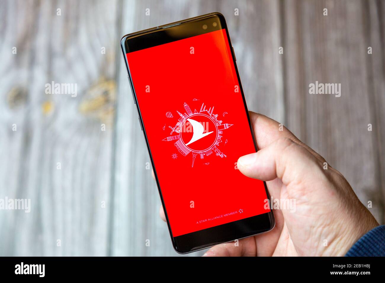 Ein Mobiltelefon oder Mobiltelefon, das von einem gehalten wird Hand mit der Turkish Airlines App geöffnet auf dem Bildschirm Stockfoto