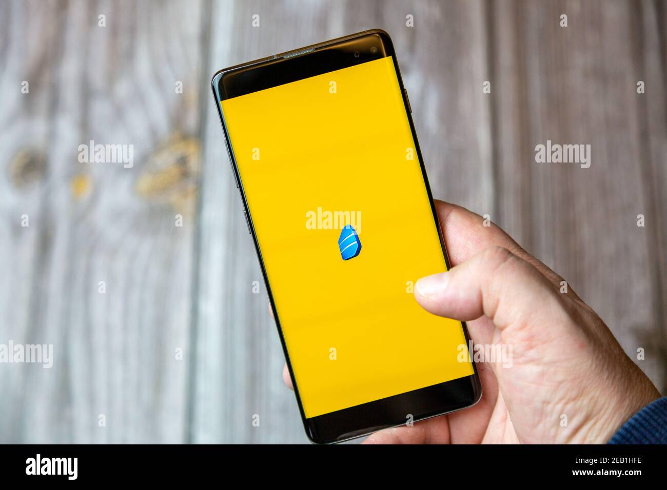 Ein Mobiltelefon oder Mobiltelefon, das von einem gehalten wird Hand mit der Rosetta Stone Mobile App auf dem Bildschirm geöffnet Stockfoto