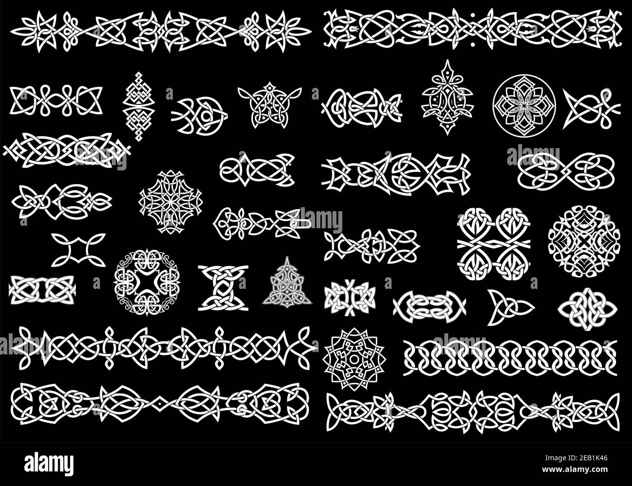 Keltische Ornamente, Knotenmuster und Bordüren im traditionellen mittelalterlichen Stil auf schwarzem Hintergrund für ethnische Verschönerung und Tattoo-Design Stock Vektor