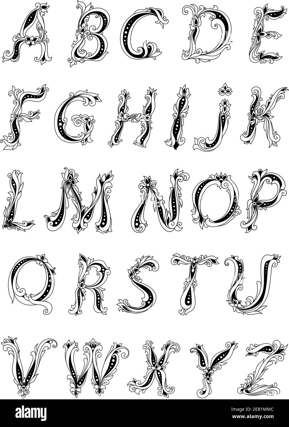 Vintage floral Alphabet in Umriss Stil einschließlich Großbuchstaben mit Blumen und verdrehte Blätter Ornament für Feenschwanz oder historisch Buchdesign Stock Vektor