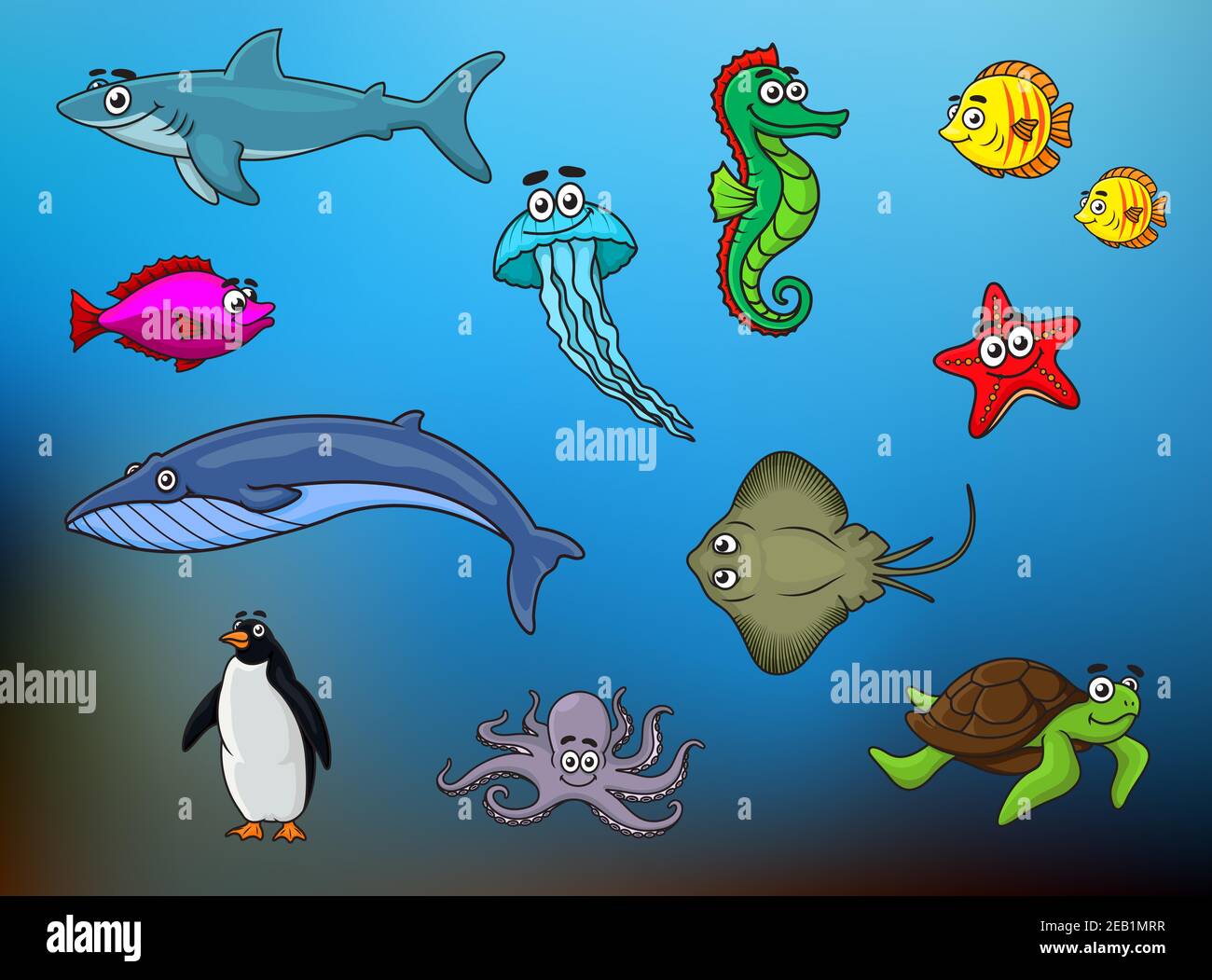 Cartoon niedliche Fische, Meeresschildkröte, Quallen, Tintenfisch, Wal, Seesterne, Hai, Seepferdchen, Stachelrochen, Pinguin auf blauem Hintergrund verschwommen für Unterwasser lif Stock Vektor