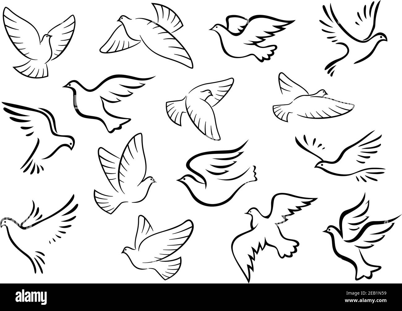 Silhouetten von Tauben- und Taubenvögeln im Sketch-Stil für Ruhe Oder lieben Konzept-Design Stock Vektor