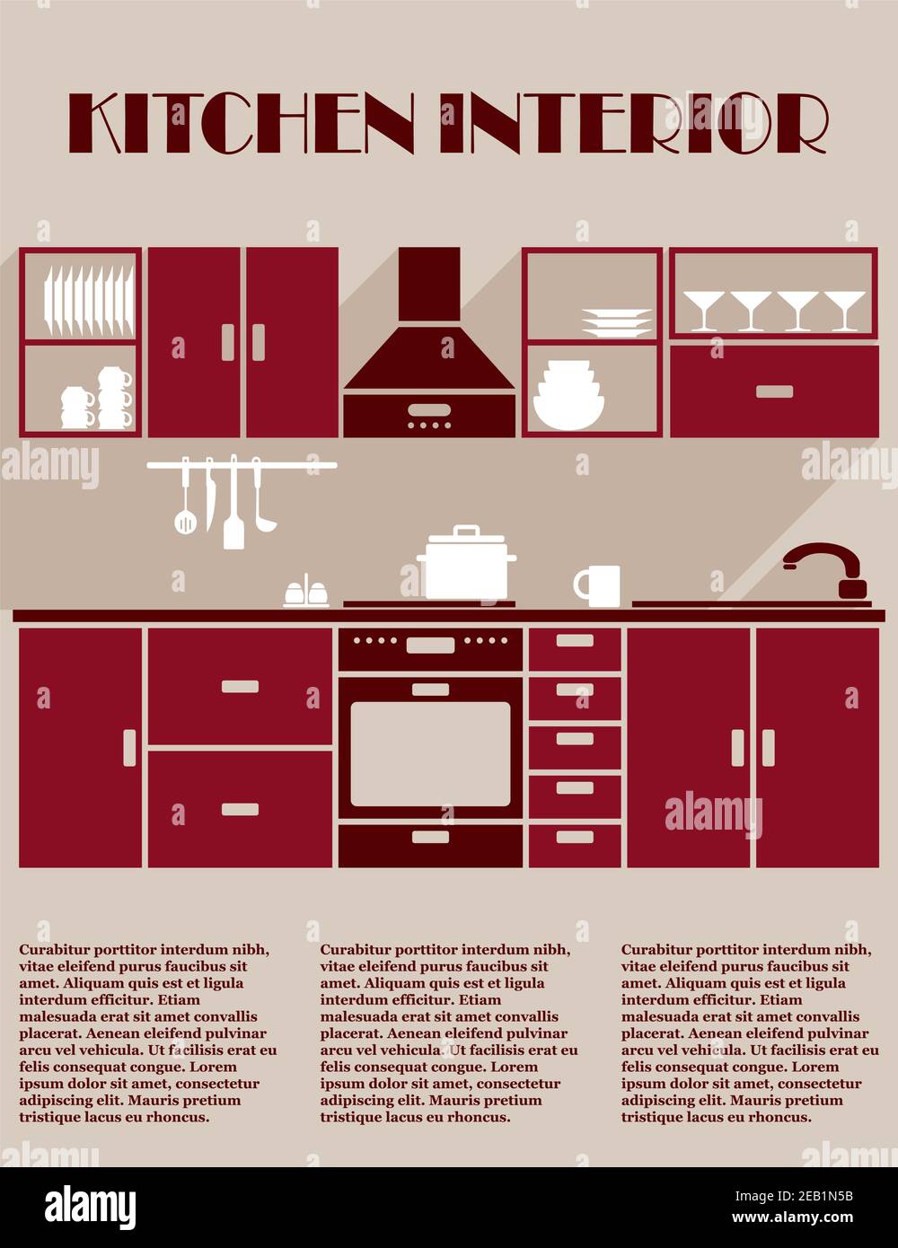 Infografik-Vorlage für die Inneneinrichtung der Küche in kastanienbraunen Farbtönen mit Einbauküche mit Elektrogeräten, Schränken und Geschirr und bearbeitbarem Text Stock Vektor