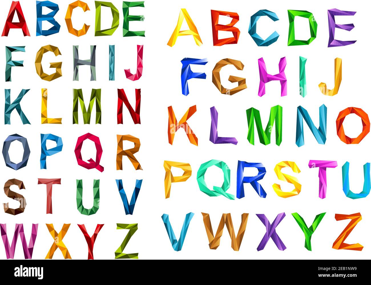 Zwei komplette A-Z Sätze von bunten Origami-Alphabet Buchstaben in Großbuchstaben für dekorative Designelemente Stock Vektor