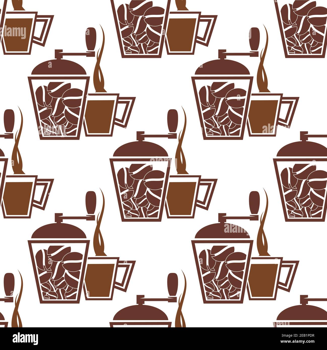 Kaffee nahtloses Muster mit Vintage manuelle Kaffeemühlen und Tassen Gefülltes braunes heißes Getränk auf weißem Hintergrund für Café oder Café-Design Stock Vektor
