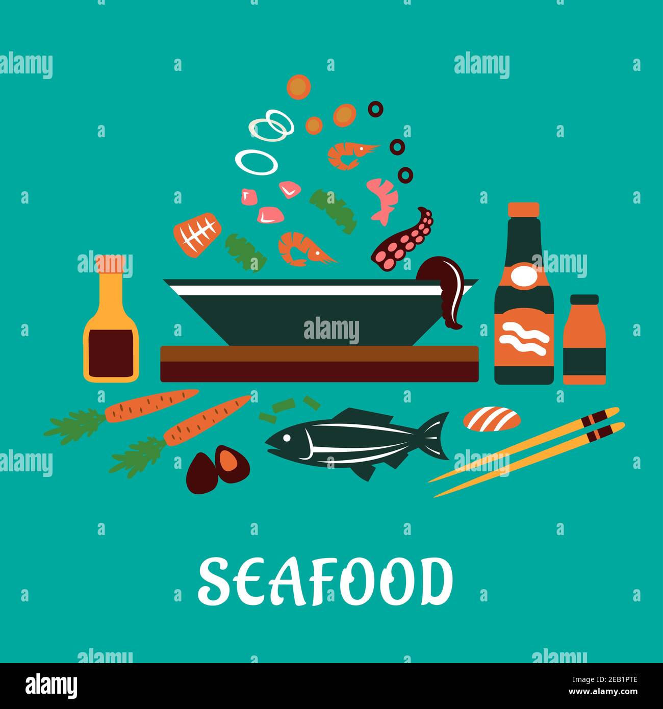 Meeresfrüchteküche im flachen Stil mit Saucen-Flaschen, Essstäbchen, ganzen Fisch und Schüssel mit Thunfisch, Garnelen, Muscheln, Oliven und Gemüse Stock Vektor