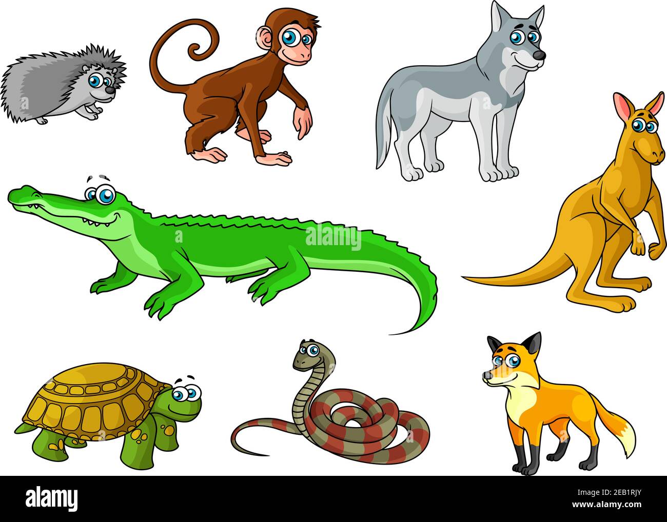 Cartoon Wald und Dschungel Tiere Charaktere mit niedlichen Krokodil, Fuchs, Affe, Igel, Wolf, Schildkröte, Schlange, Känguru für kindliche Dekor und Educatio Stock Vektor