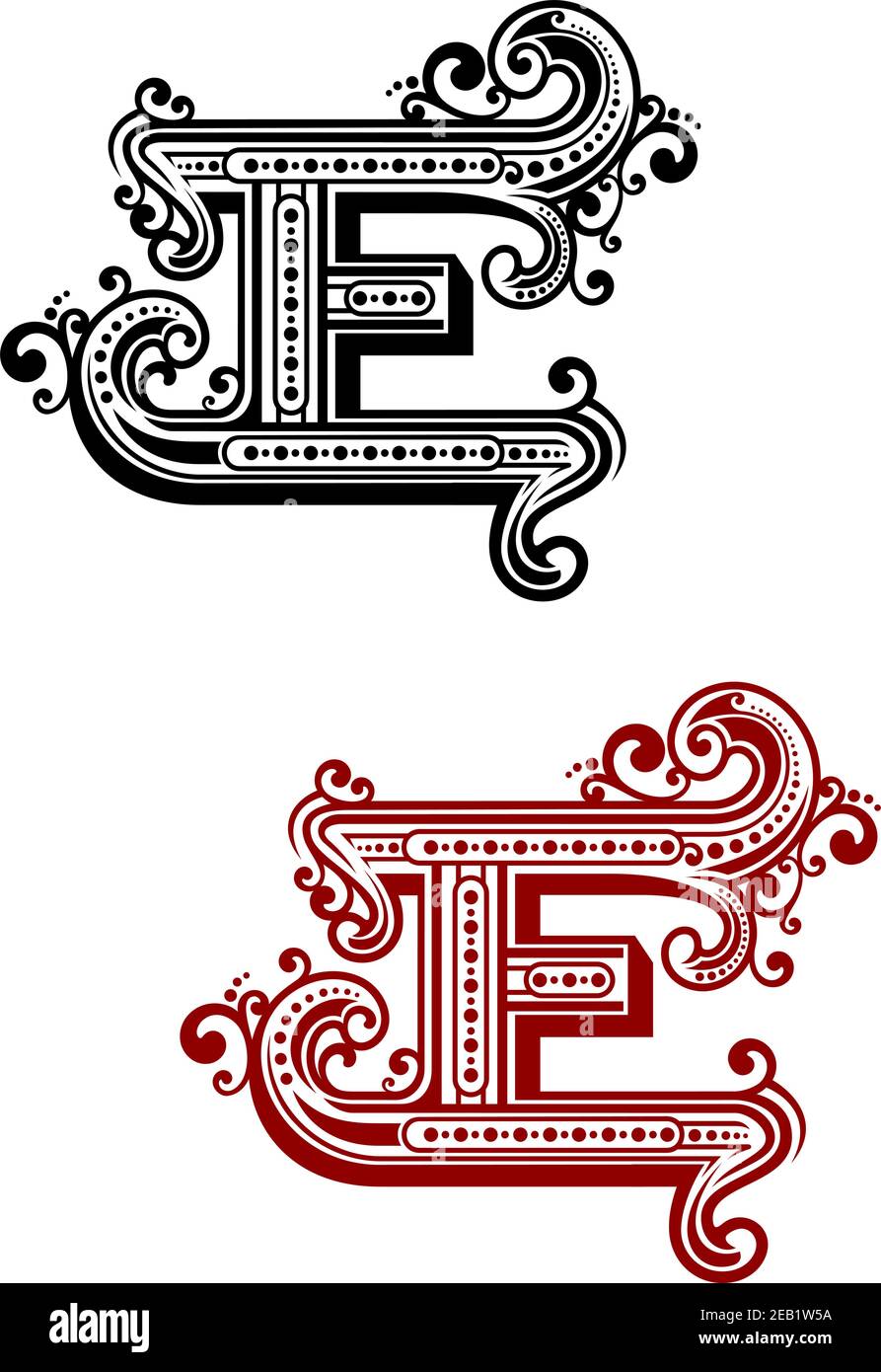 Retro-Großbuchstaben E mit lockigen Vintage-Elementen und Dekorationen für Monogramm oder Emblem Design Stock Vektor