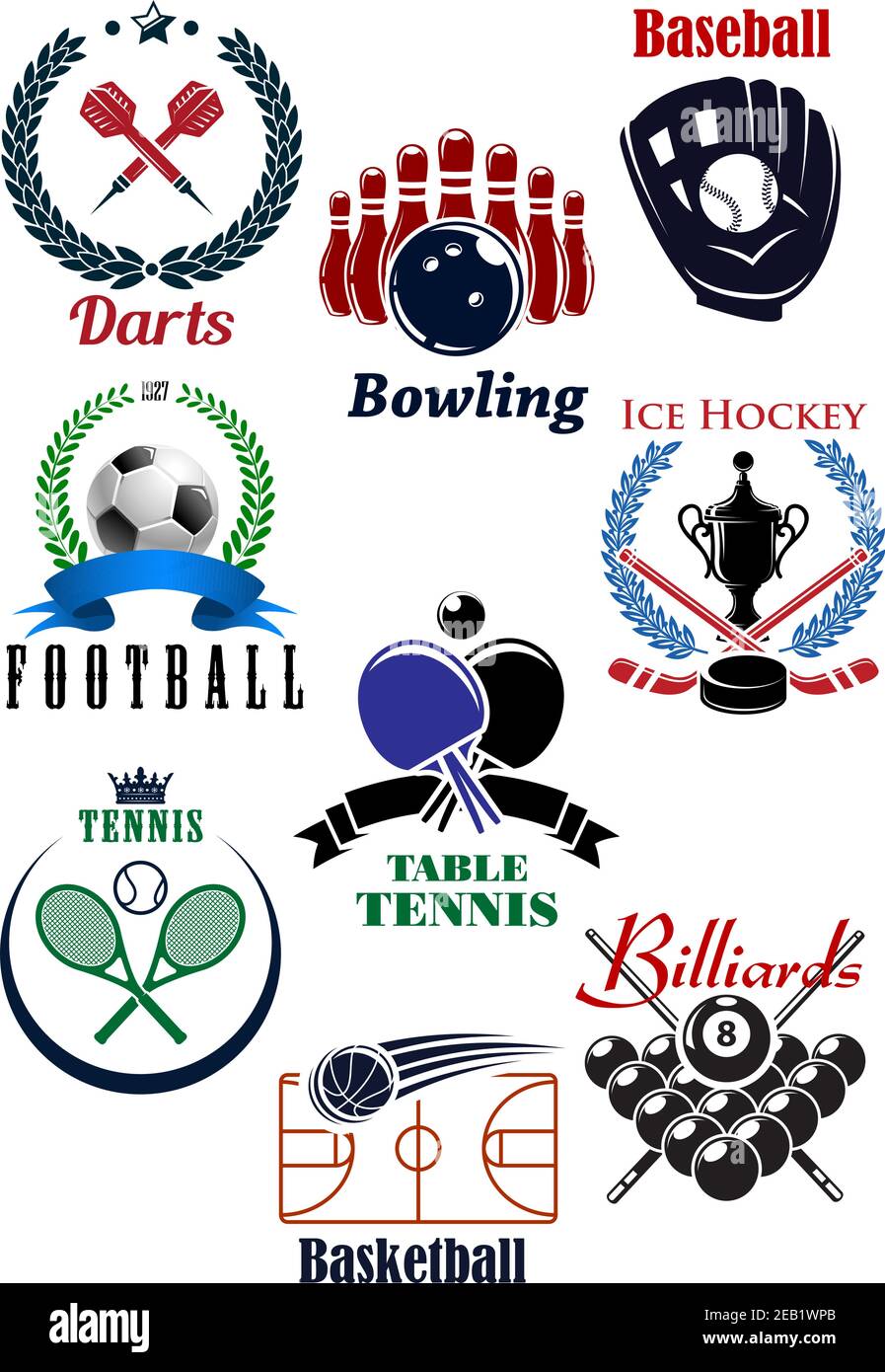Sportspiele Wappen oder Abzeichen für Darts, Baseball, Fußball oder Fußball, Bowling, Tennis, Basketball, Billard und Tischtennis mit Sport fa Stock Vektor